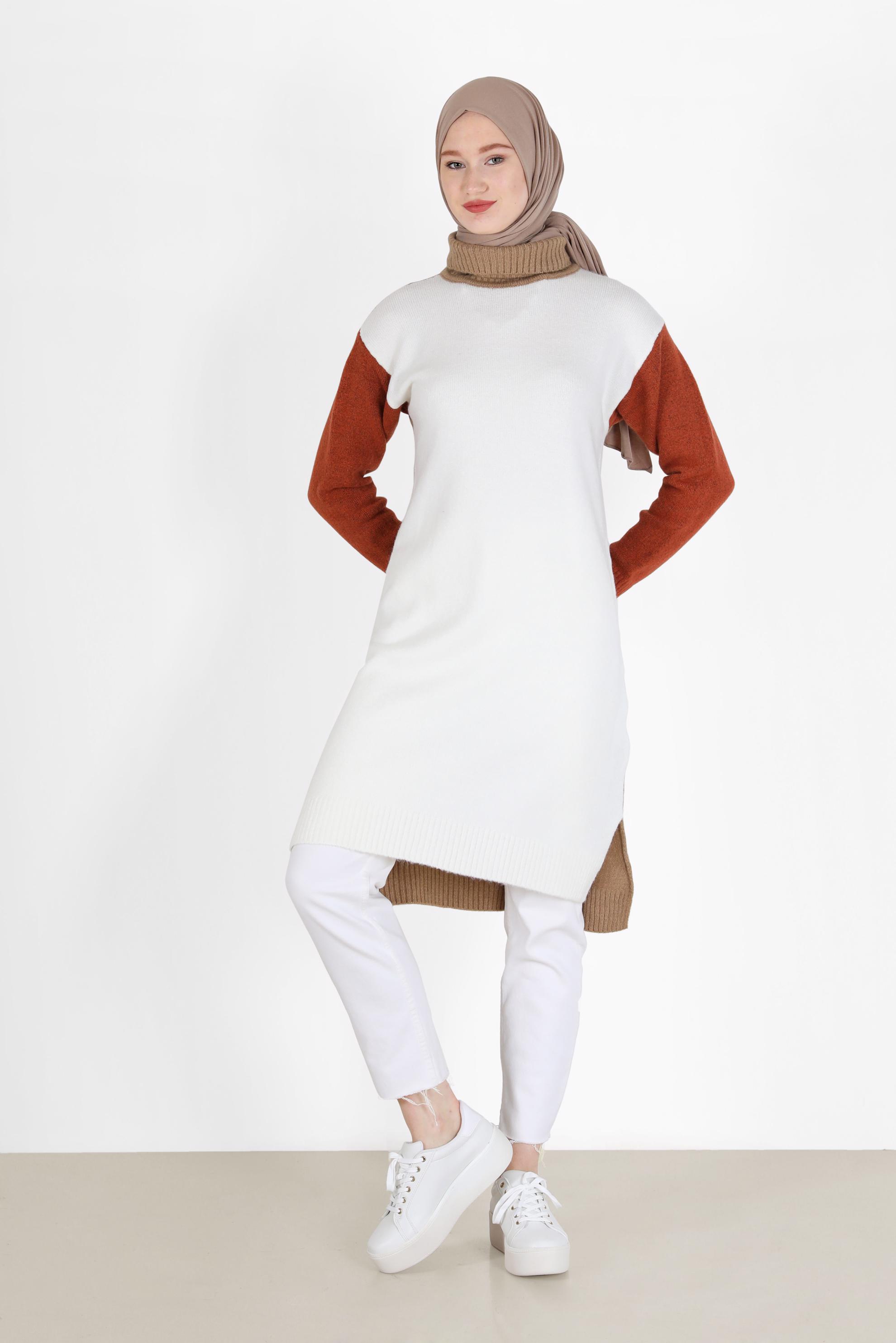 Hijab clothing BEIGE 3-COLORED TURTLENECK KNITWEAR TUNIC 42054 