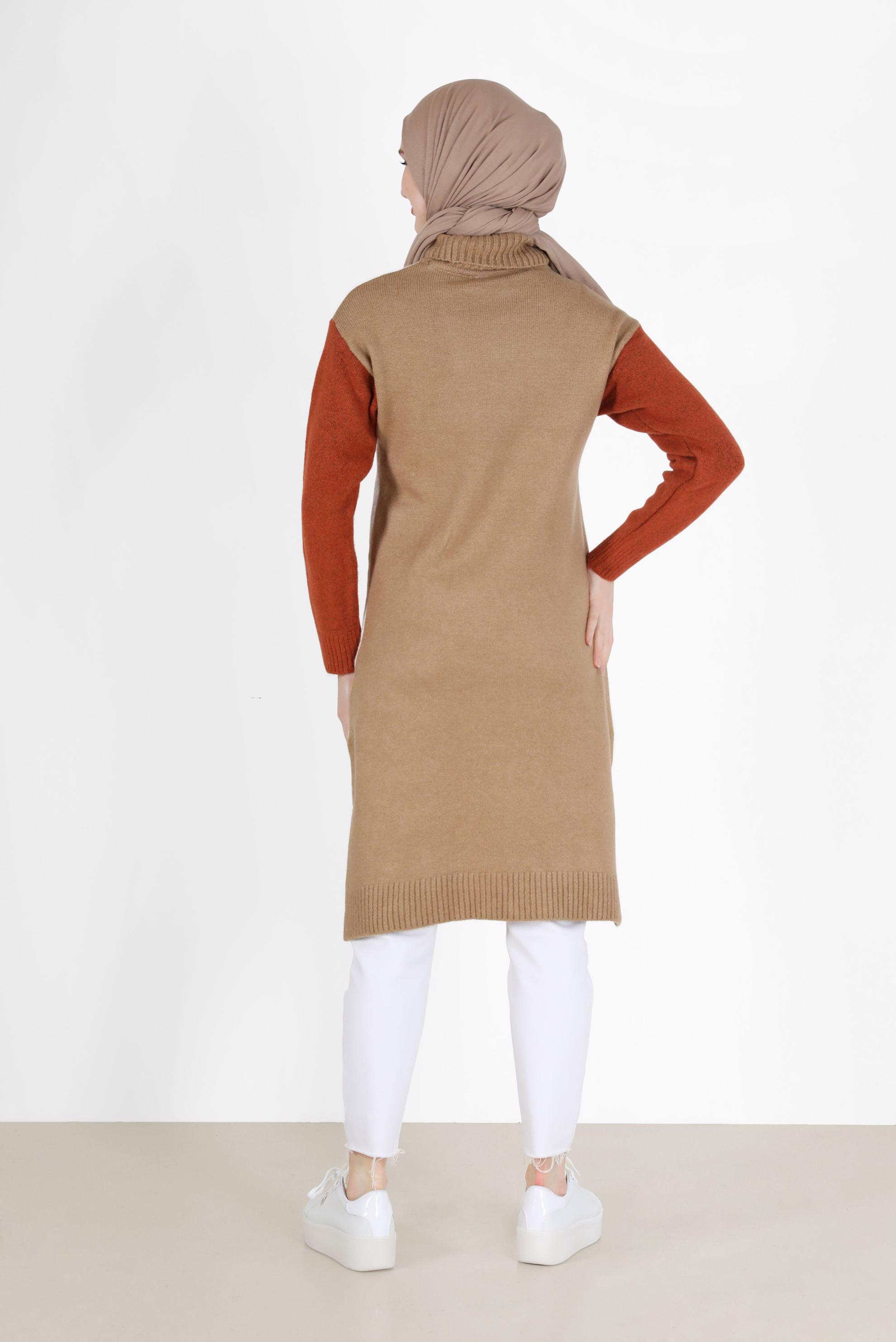 Hijab clothing BEIGE 3-COLORED TURTLENECK KNITWEAR TUNIC 42054 