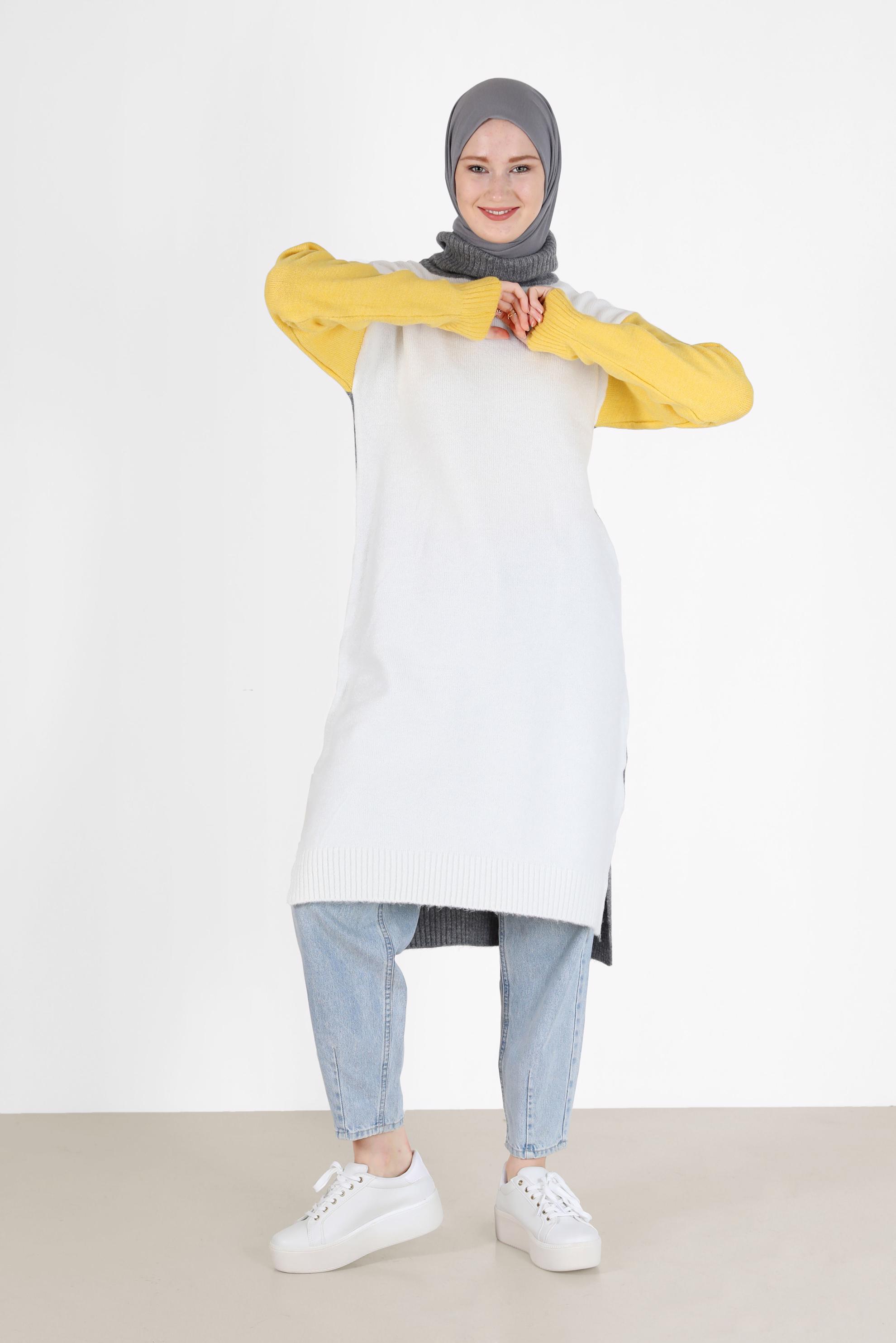 Hijab clothing WHITE 3-COLORED TURTLENECK KNITWEAR TUNIC 42054 