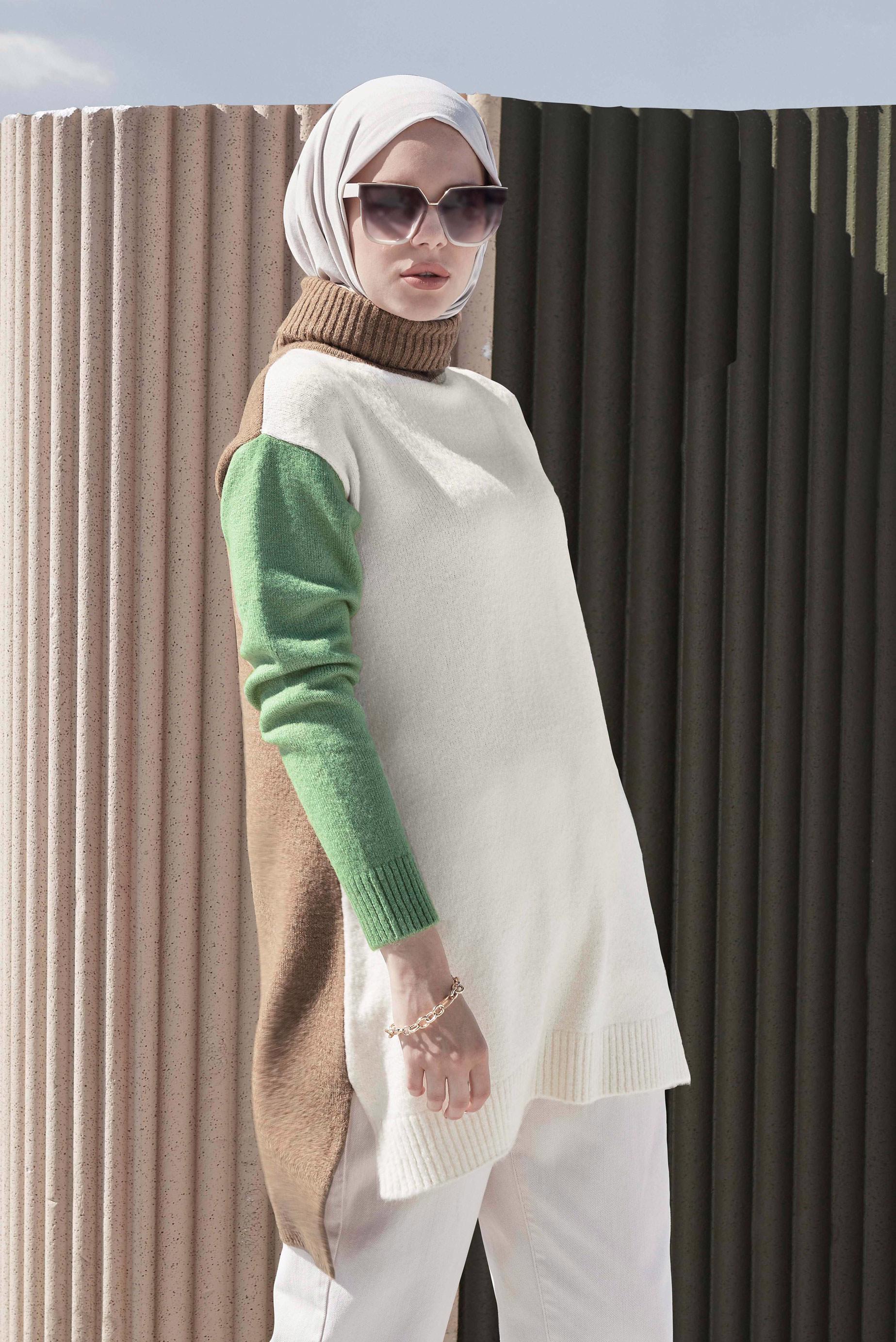 Tesettür giyim BEJ 3 RENKLİ BALIKÇI YAKA TRİKO TUNİK 42054 