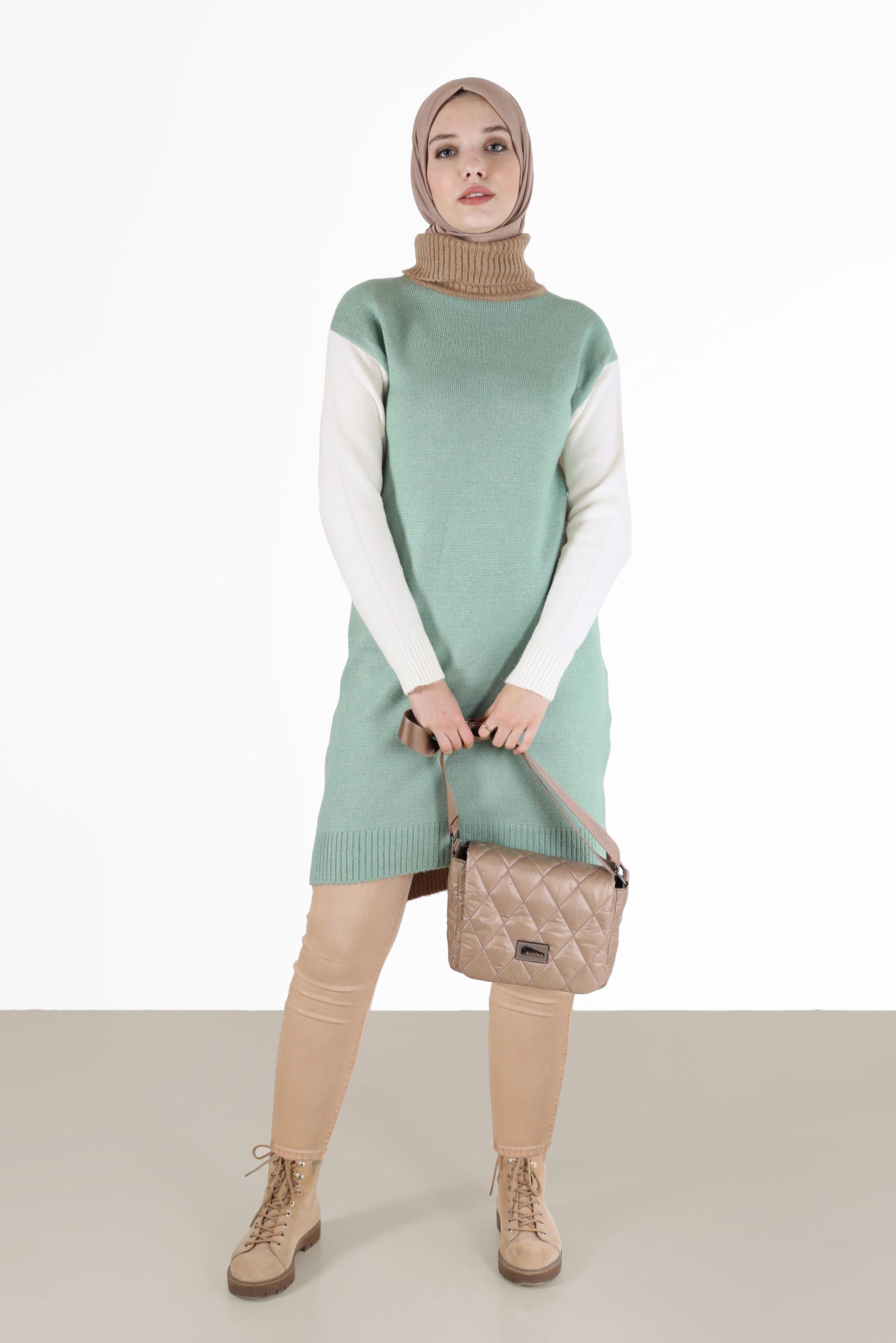 Tesettür giyim YEŞİL 3 RENKLİ BALIKÇI YAKA TRİKO TUNİK 42054 