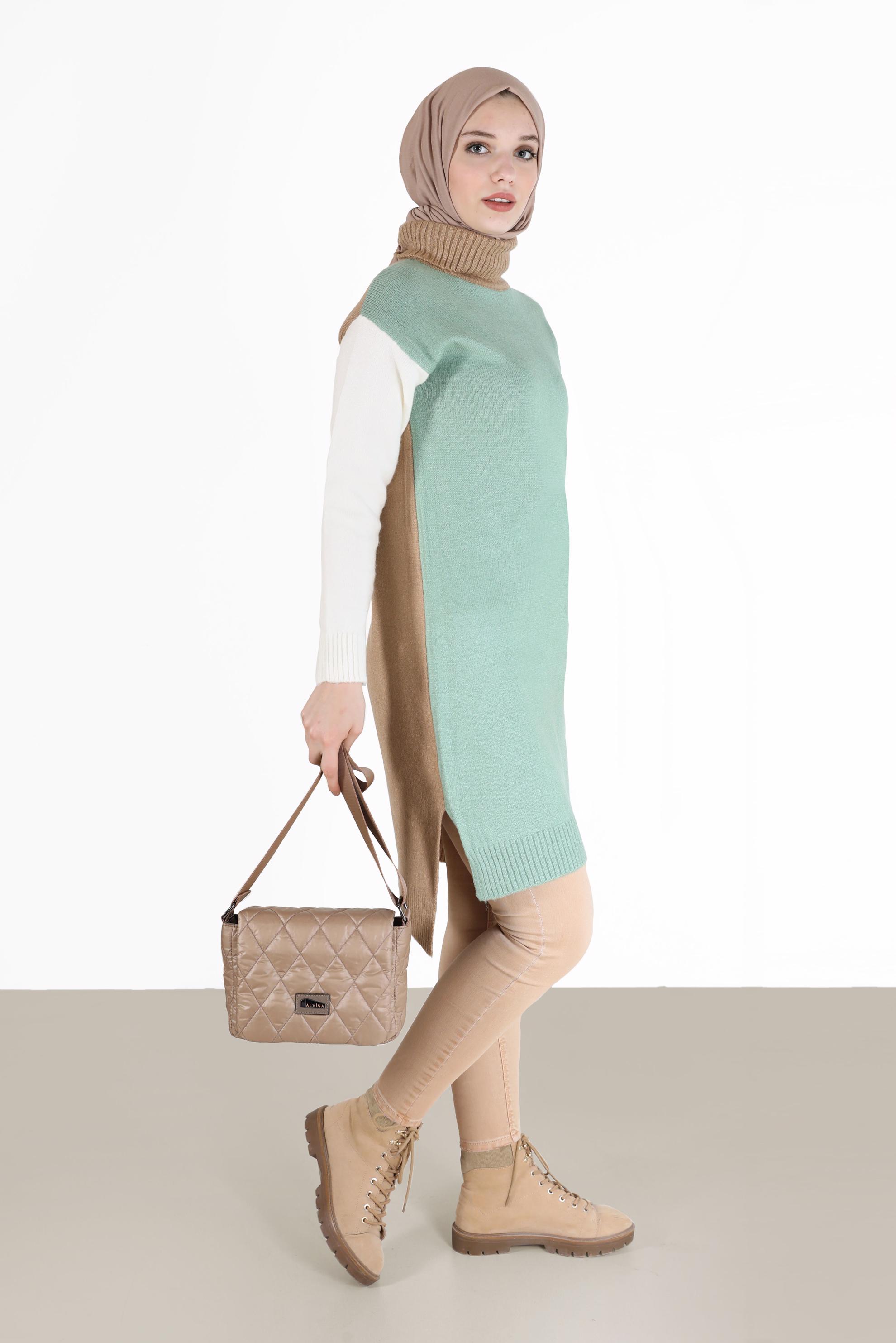 Tesettür giyim YEŞİL 3 RENKLİ BALIKÇI YAKA TRİKO TUNİK 42054 