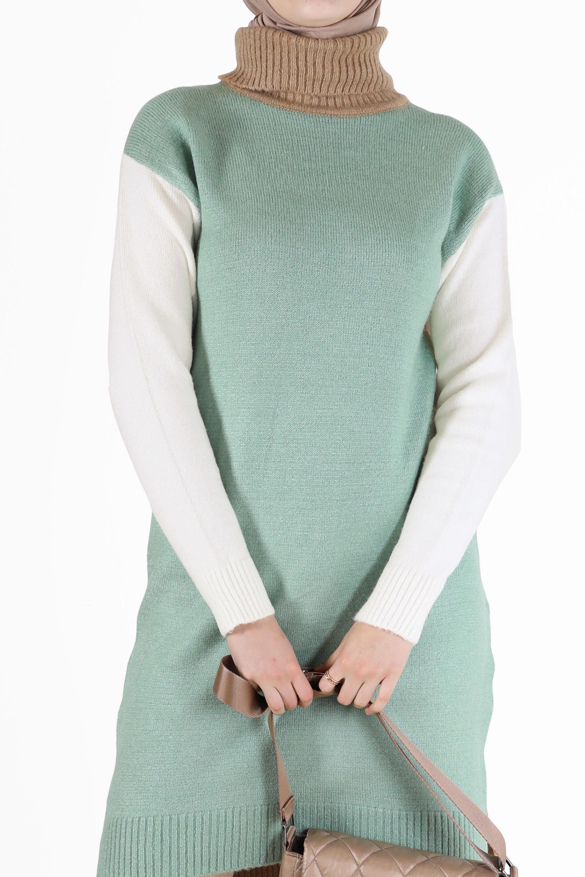 Tesettür giyim YEŞİL 3 RENKLİ BALIKÇI YAKA TRİKO TUNİK 42054 