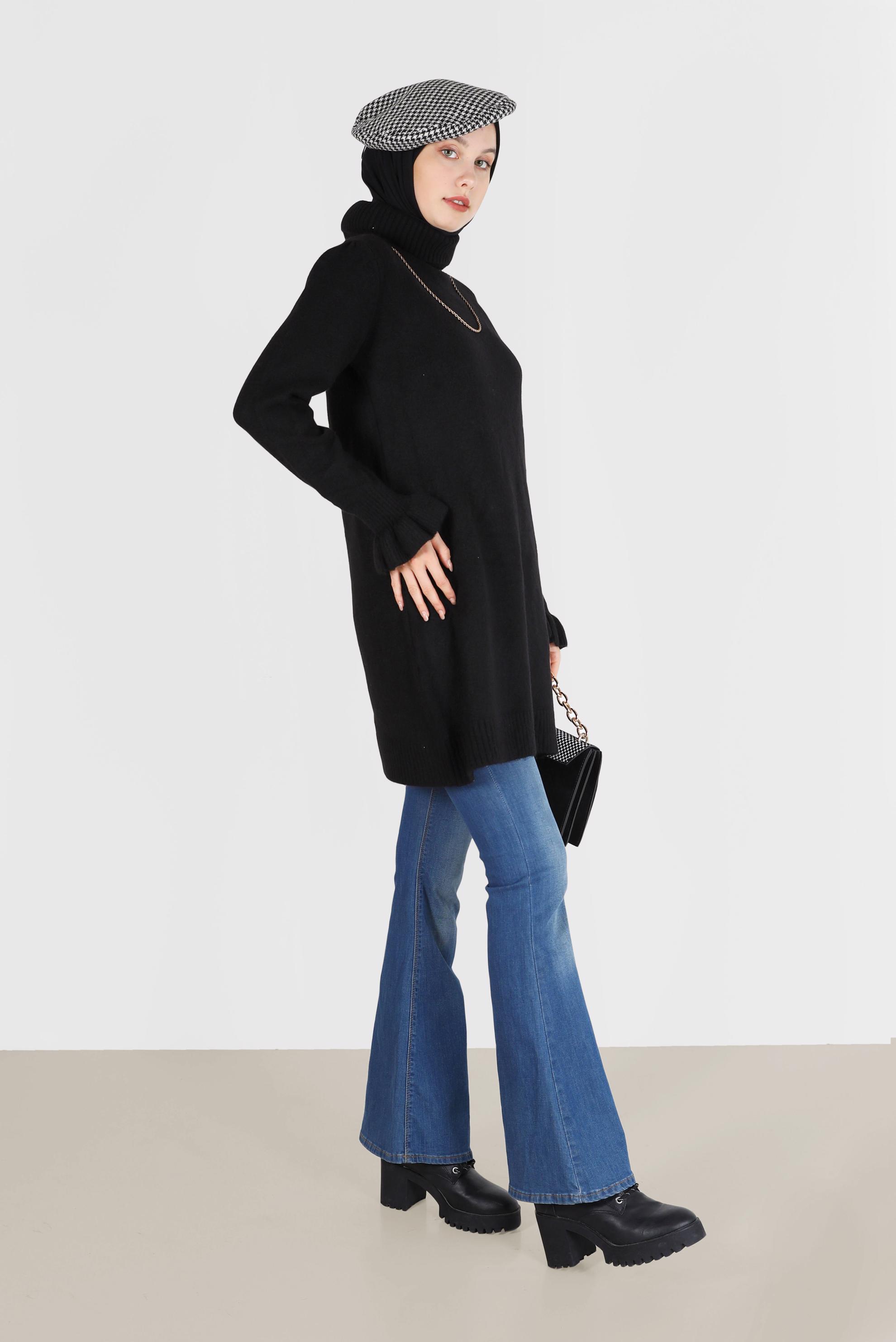 Tesettür giyim SİYAH MANŞETLERİ FIRFIRLI BALIKÇI YAKA TRİKO TUNİK 42056 