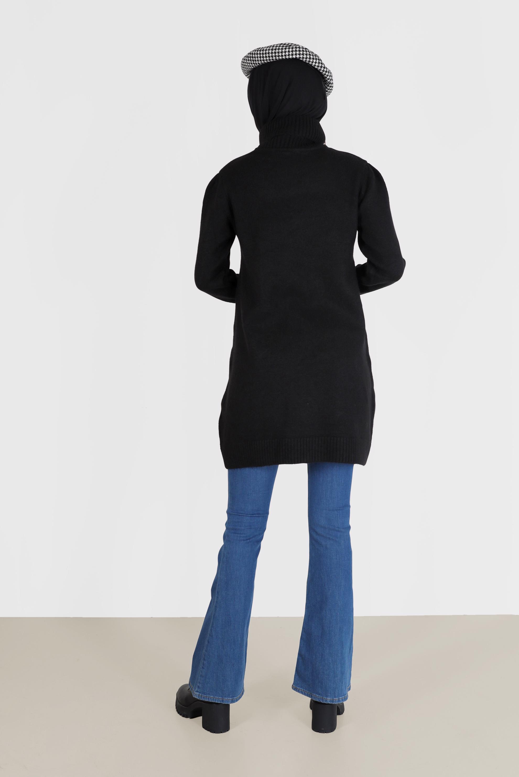 Tesettür giyim SİYAH MANŞETLERİ FIRFIRLI BALIKÇI YAKA TRİKO TUNİK 42056 