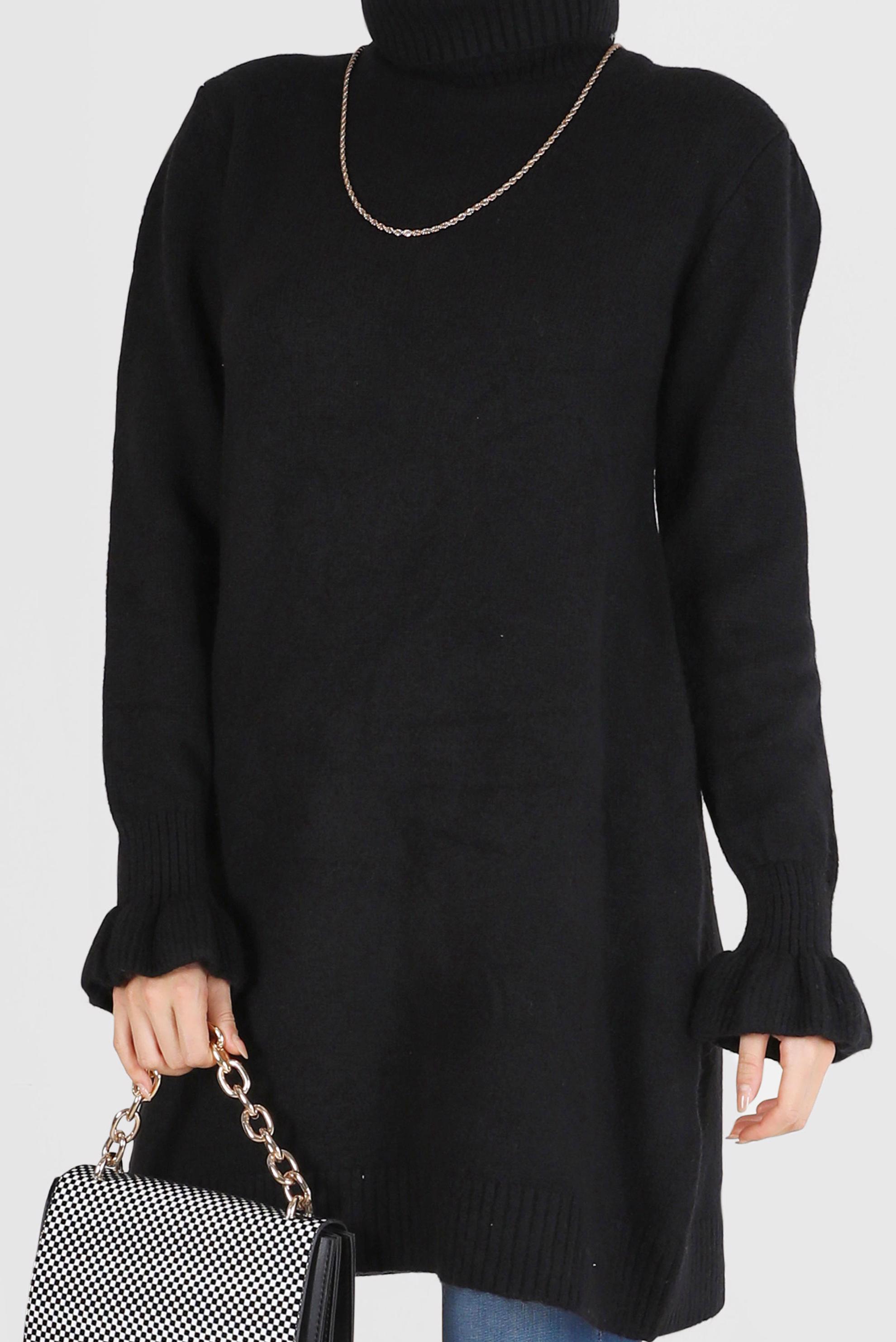 Tesettür giyim SİYAH MANŞETLERİ FIRFIRLI BALIKÇI YAKA TRİKO TUNİK 42056 