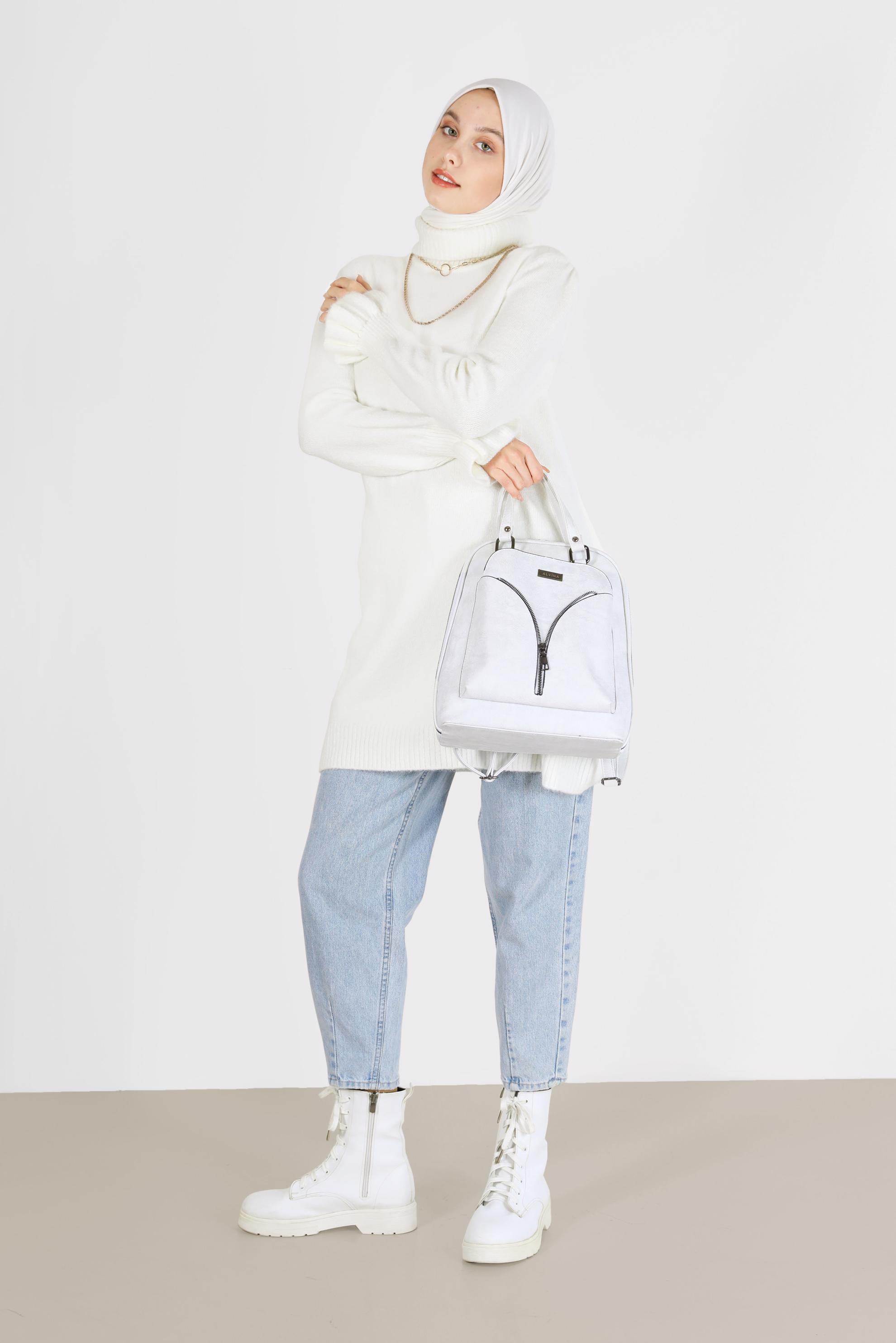 Tesettür giyim BEYAZ MANŞETLERİ FIRFIRLI BALIKÇI YAKA TRİKO TUNİK 42056 