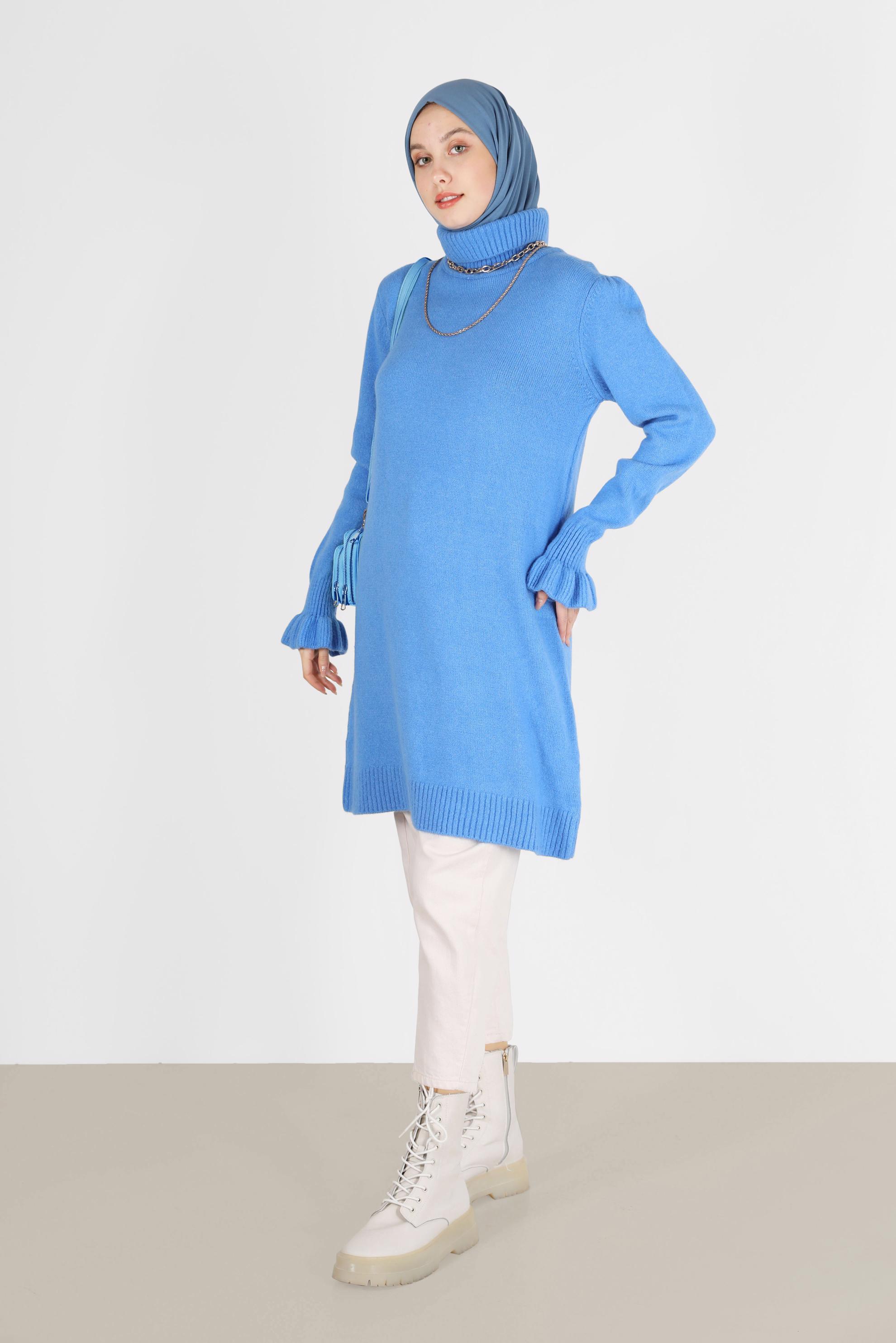 Tesettür giyim MAVİ MANŞETLERİ FIRFIRLI BALIKÇI YAKA TRİKO TUNİK 42056 