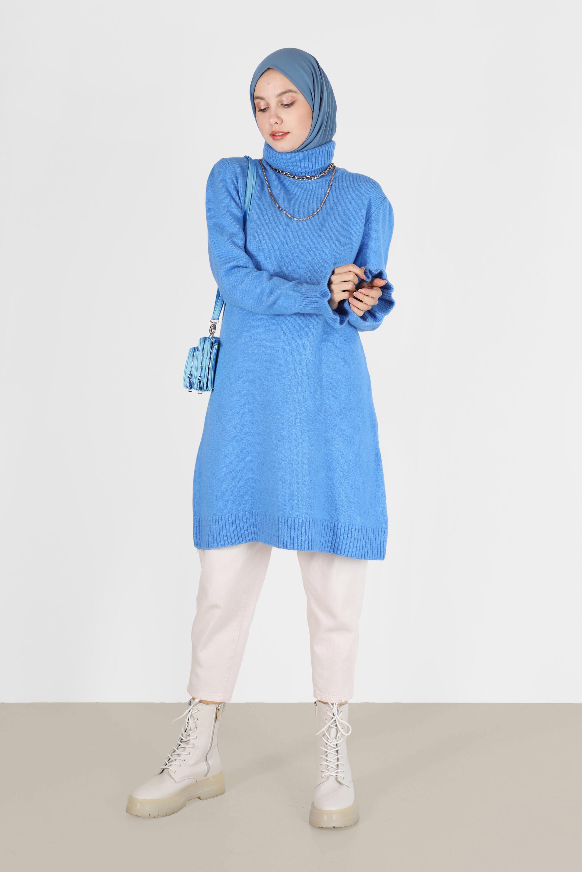 Tesettür giyim MAVİ MANŞETLERİ FIRFIRLI BALIKÇI YAKA TRİKO TUNİK 42056 