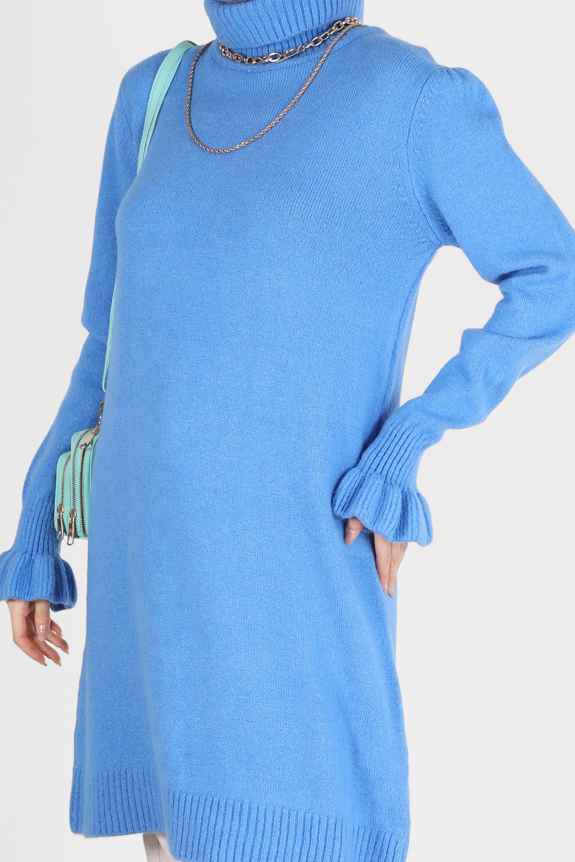 Tesettür giyim MAVİ MANŞETLERİ FIRFIRLI BALIKÇI YAKA TRİKO TUNİK 42056 