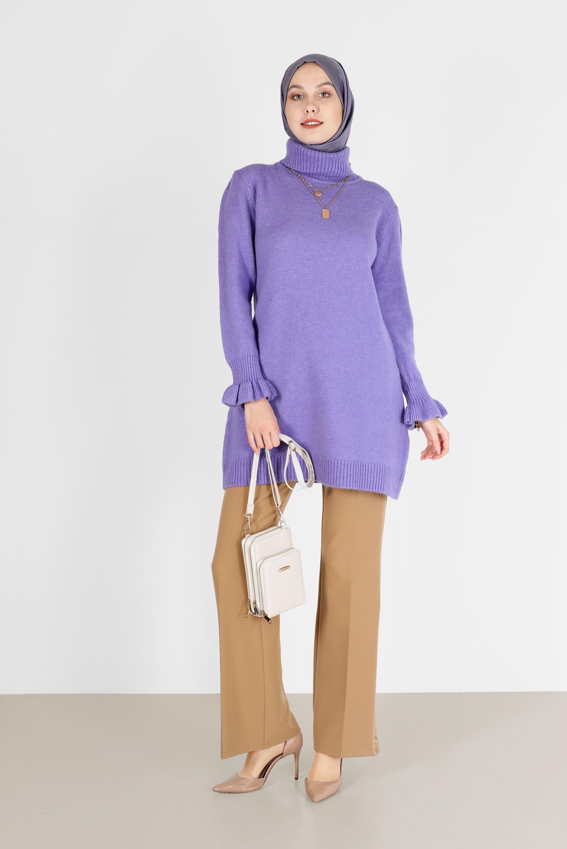 Tesettür giyim MOR MANŞETLERİ FIRFIRLI BALIKÇI YAKA TRİKO TUNİK 42056 