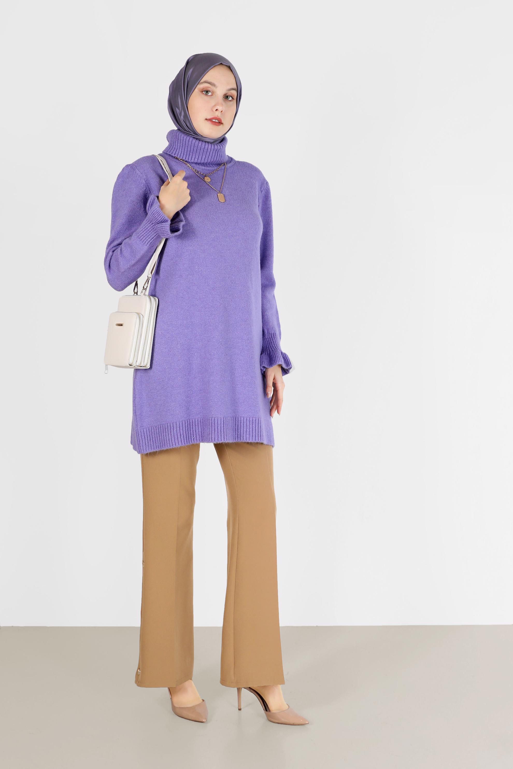 Tesettür giyim MOR MANŞETLERİ FIRFIRLI BALIKÇI YAKA TRİKO TUNİK 42056 