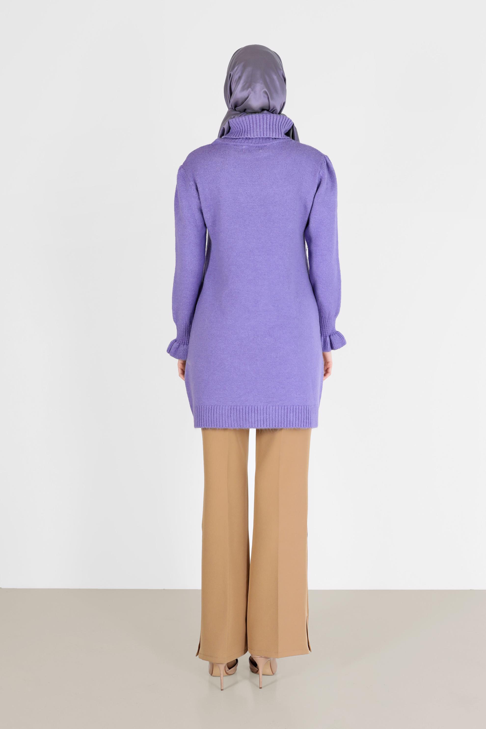 Tesettür giyim MOR MANŞETLERİ FIRFIRLI BALIKÇI YAKA TRİKO TUNİK 42056 