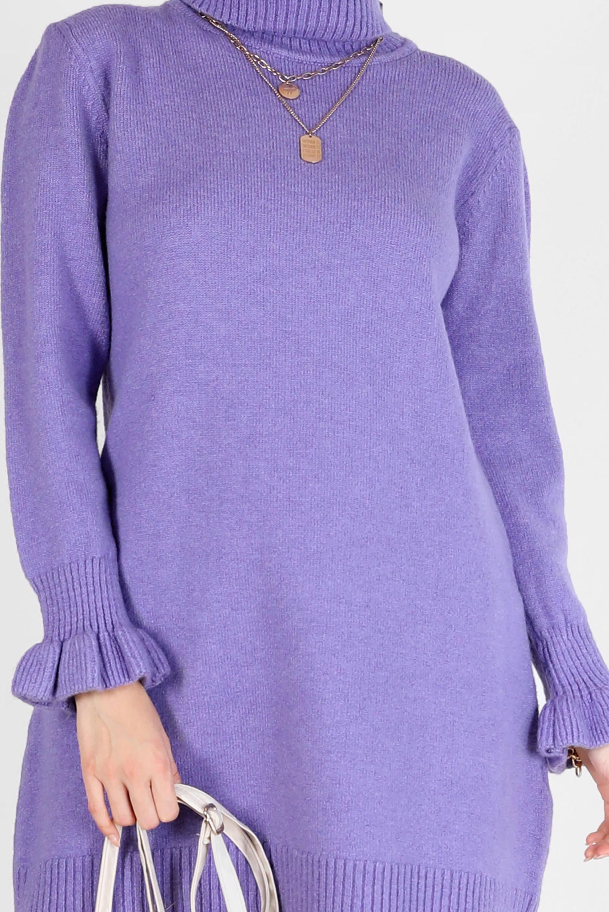 Tesettür giyim MOR MANŞETLERİ FIRFIRLI BALIKÇI YAKA TRİKO TUNİK 42056 