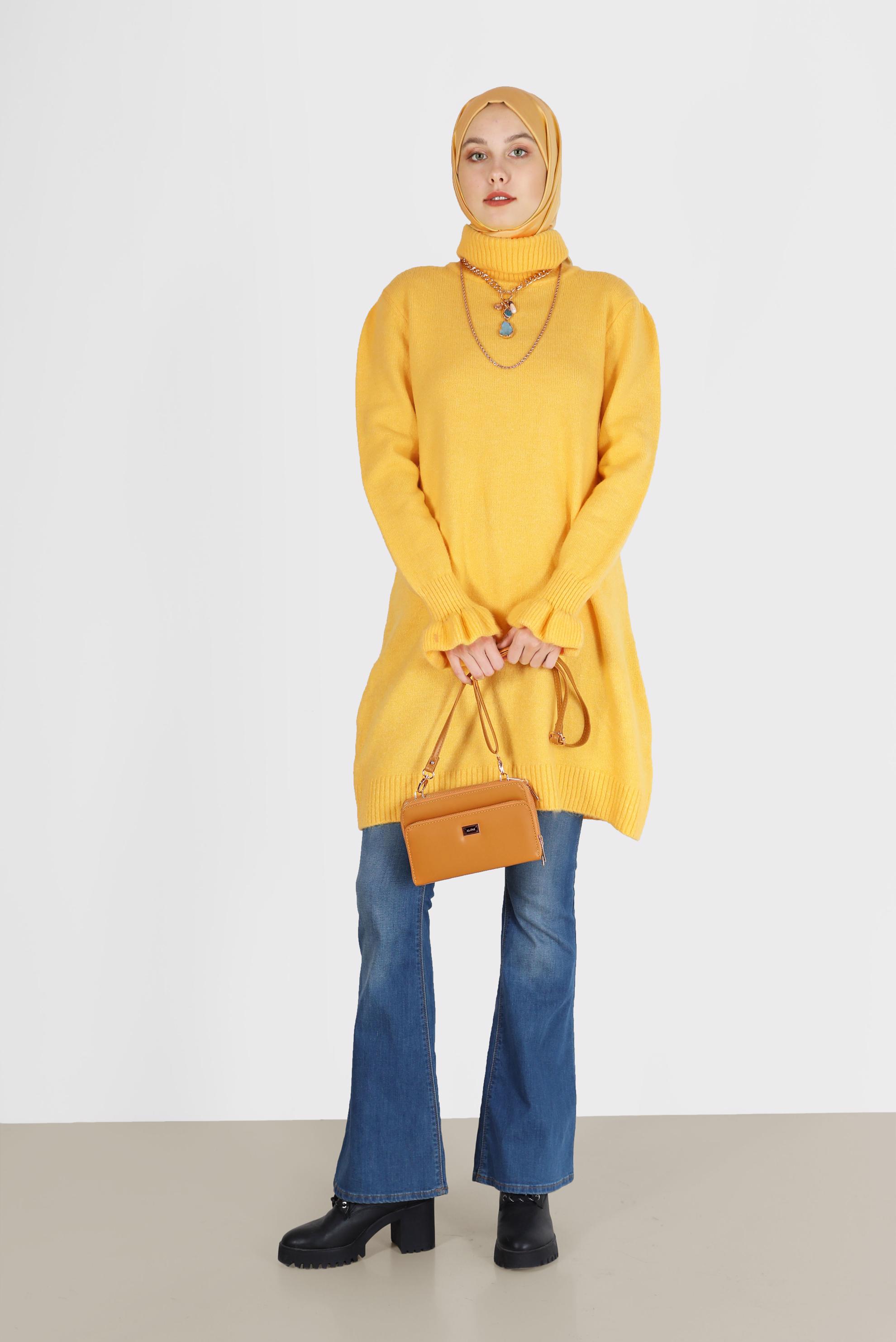 Tesettür giyim SARI MANŞETLERİ FIRFIRLI BALIKÇI YAKA TRİKO TUNİK 42056 