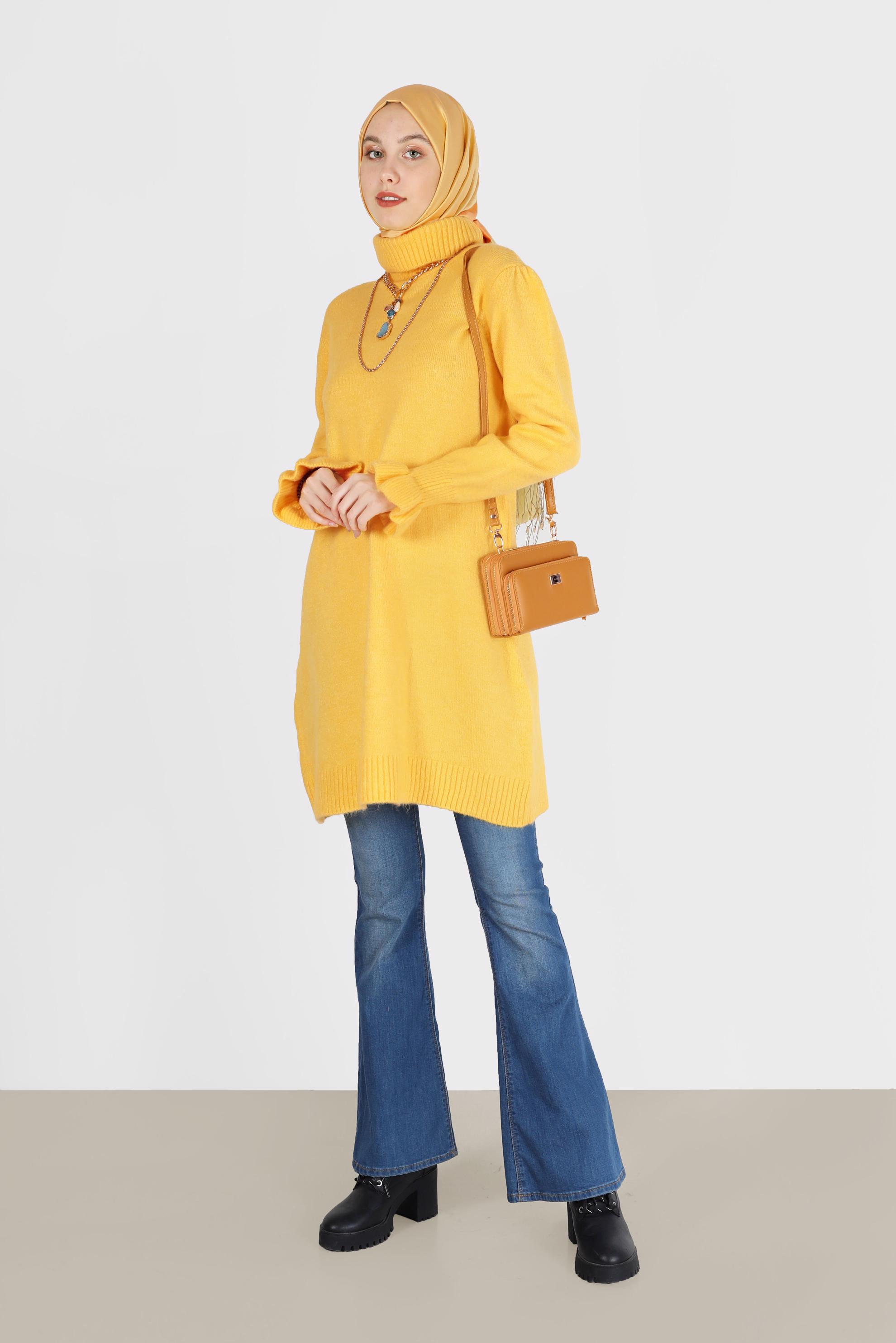 Tesettür giyim SARI MANŞETLERİ FIRFIRLI BALIKÇI YAKA TRİKO TUNİK 42056 