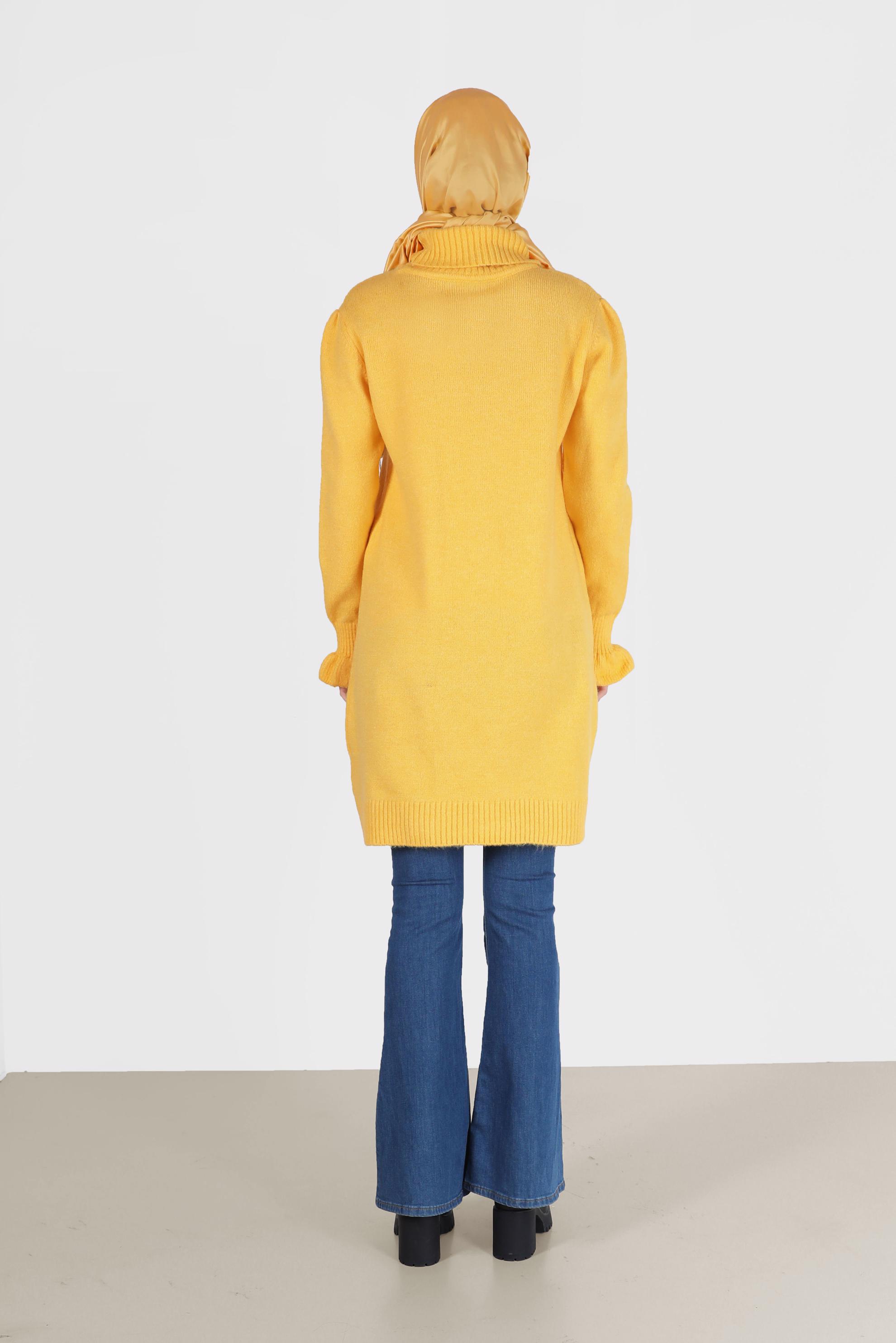 Tesettür giyim SARI MANŞETLERİ FIRFIRLI BALIKÇI YAKA TRİKO TUNİK 42056 