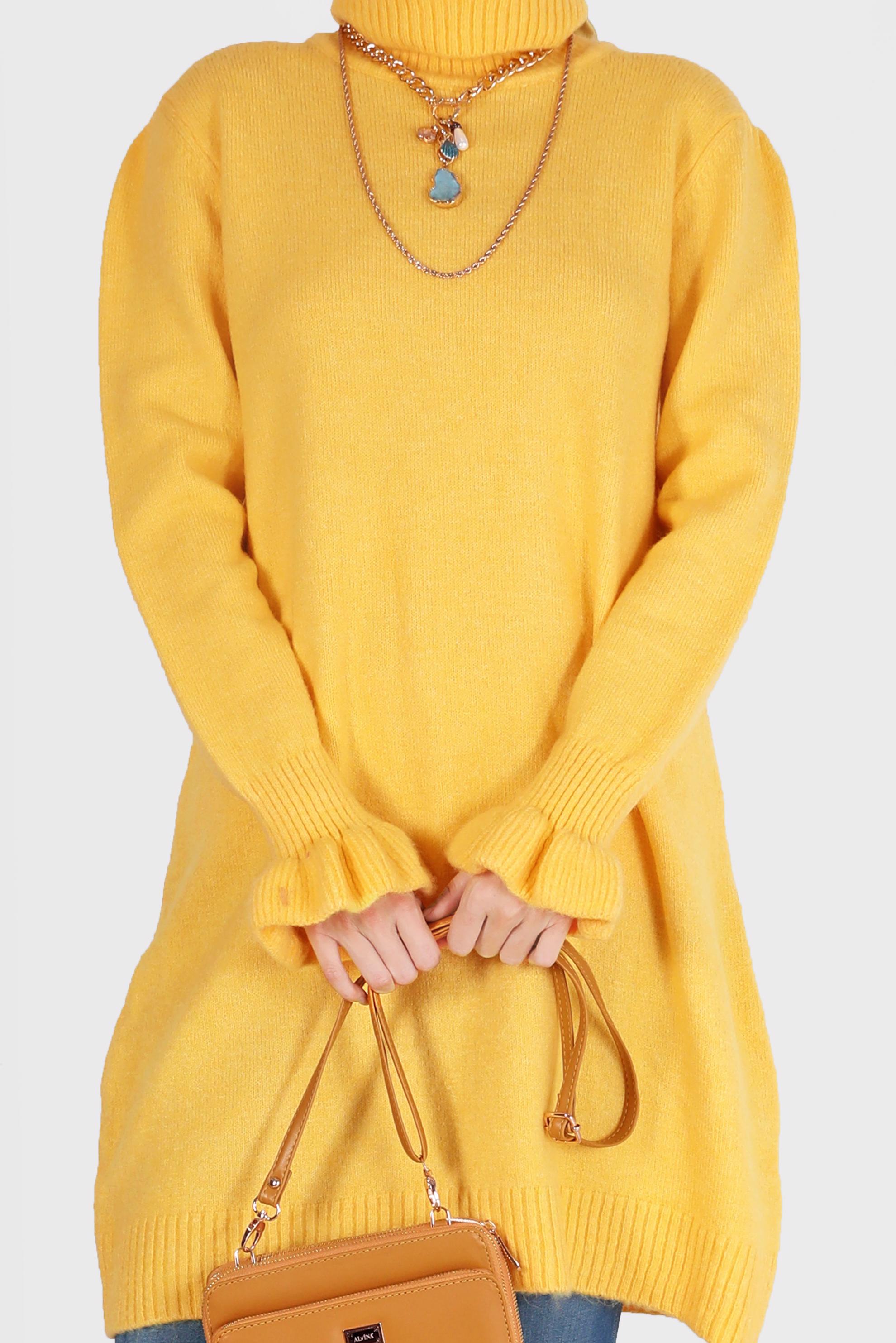 Tesettür giyim SARI MANŞETLERİ FIRFIRLI BALIKÇI YAKA TRİKO TUNİK 42056 