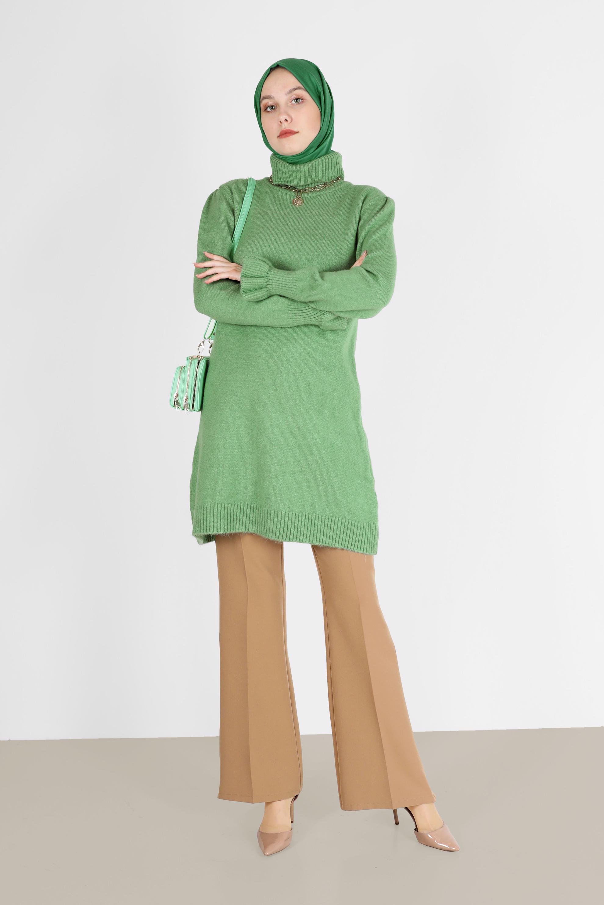 Tesettür giyim YEŞİL MANŞETLERİ FIRFIRLI BALIKÇI YAKA TRİKO TUNİK 42056 