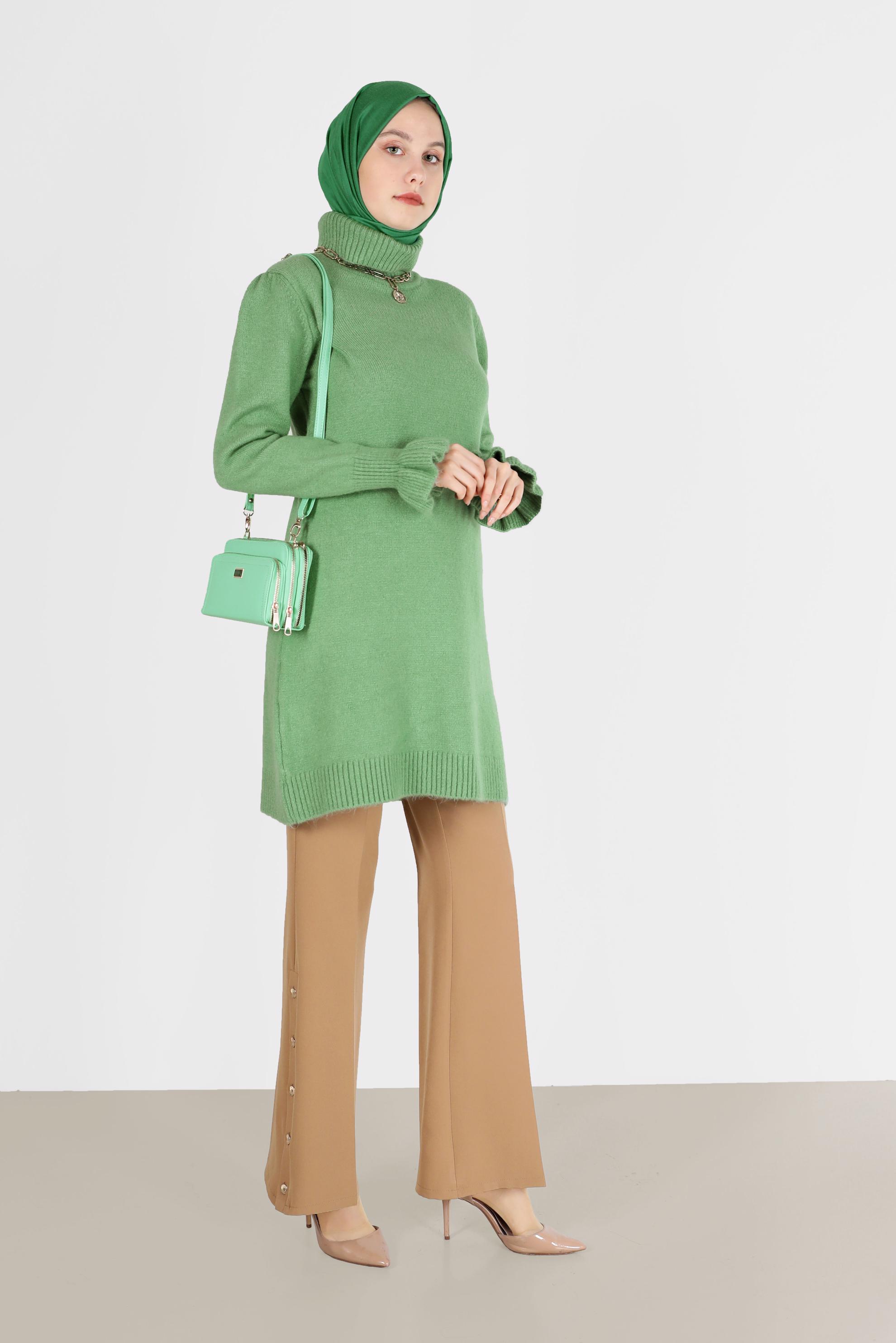 Tesettür giyim YEŞİL MANŞETLERİ FIRFIRLI BALIKÇI YAKA TRİKO TUNİK 42056 