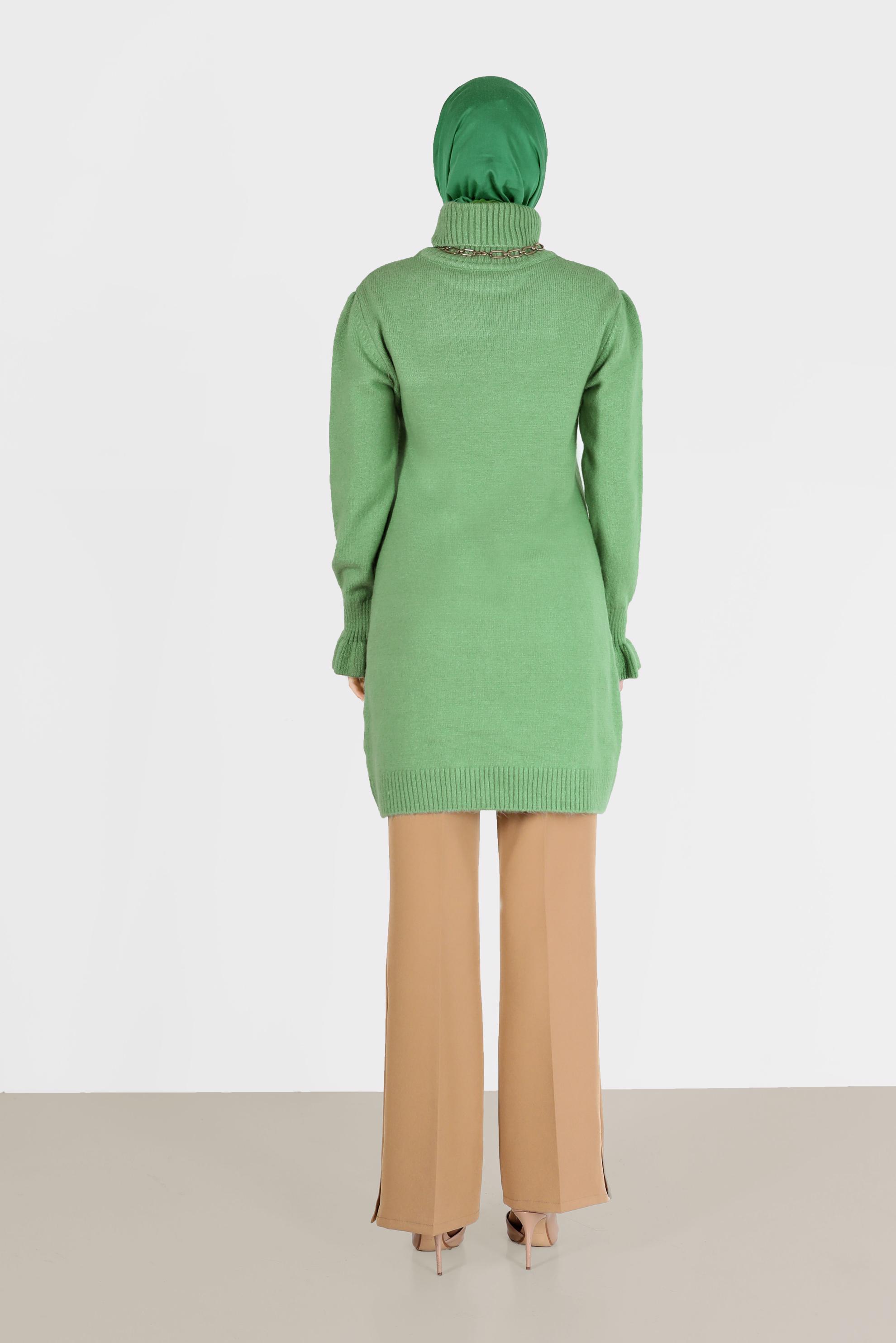 Tesettür giyim YEŞİL MANŞETLERİ FIRFIRLI BALIKÇI YAKA TRİKO TUNİK 42056 