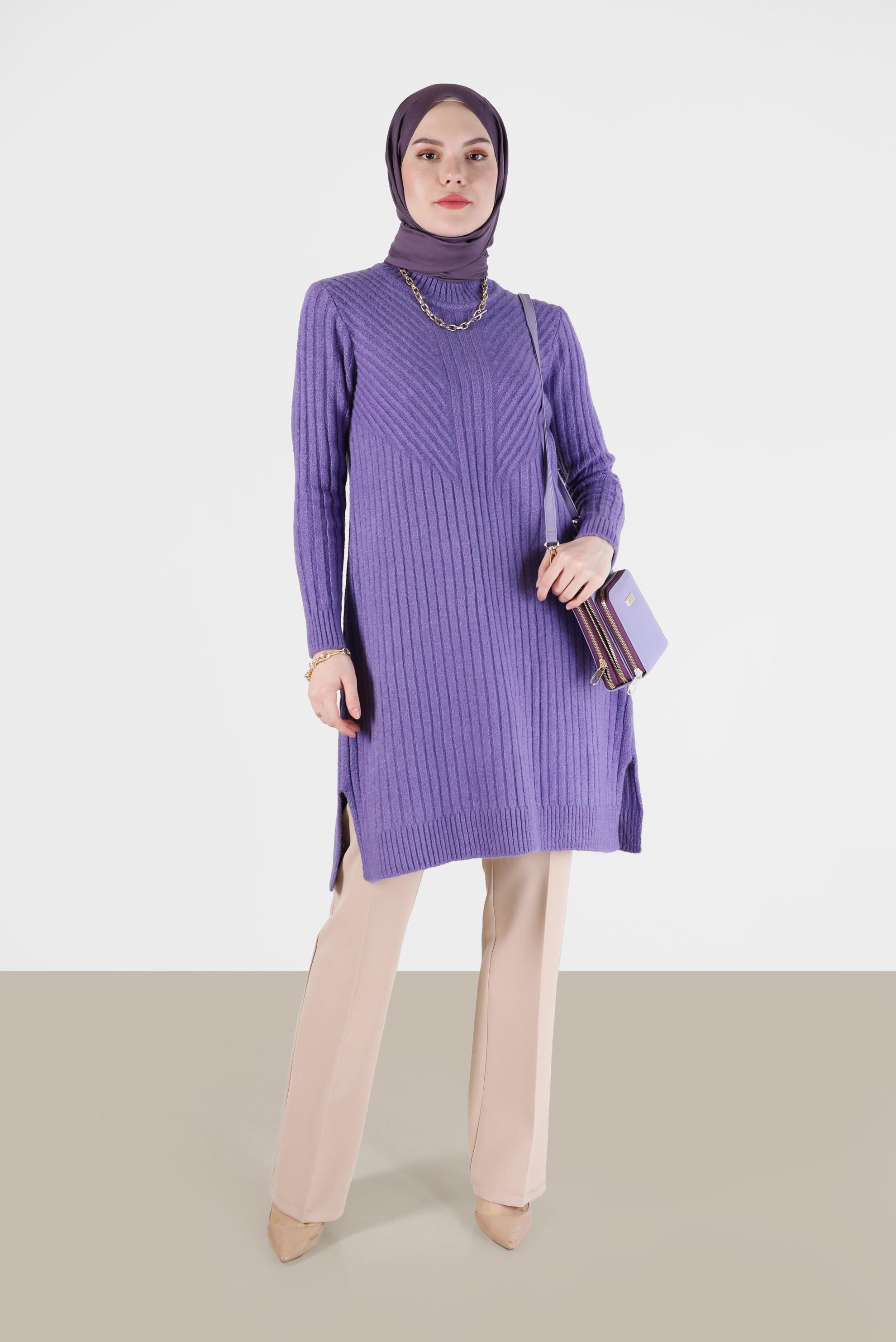 Tesettür giyim MOR BALIKÇI YAKA FİTİLLİ TRİKO TUNİK 42057 