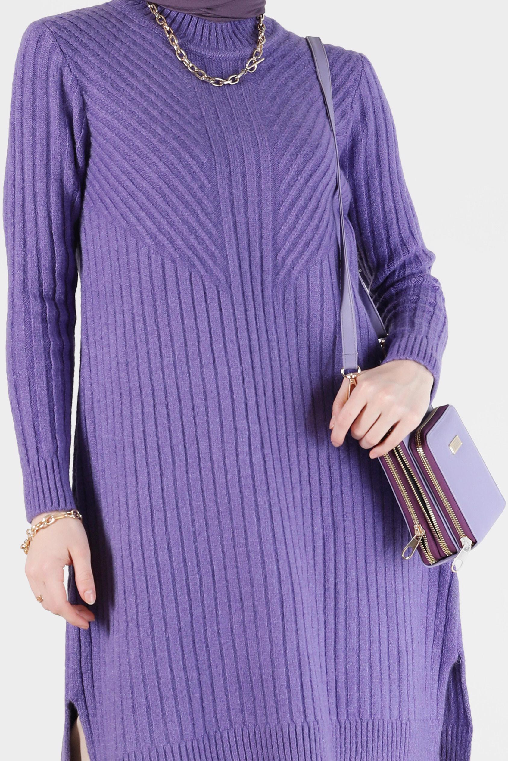 Tesettür giyim MOR BALIKÇI YAKA FİTİLLİ TRİKO TUNİK 42057 