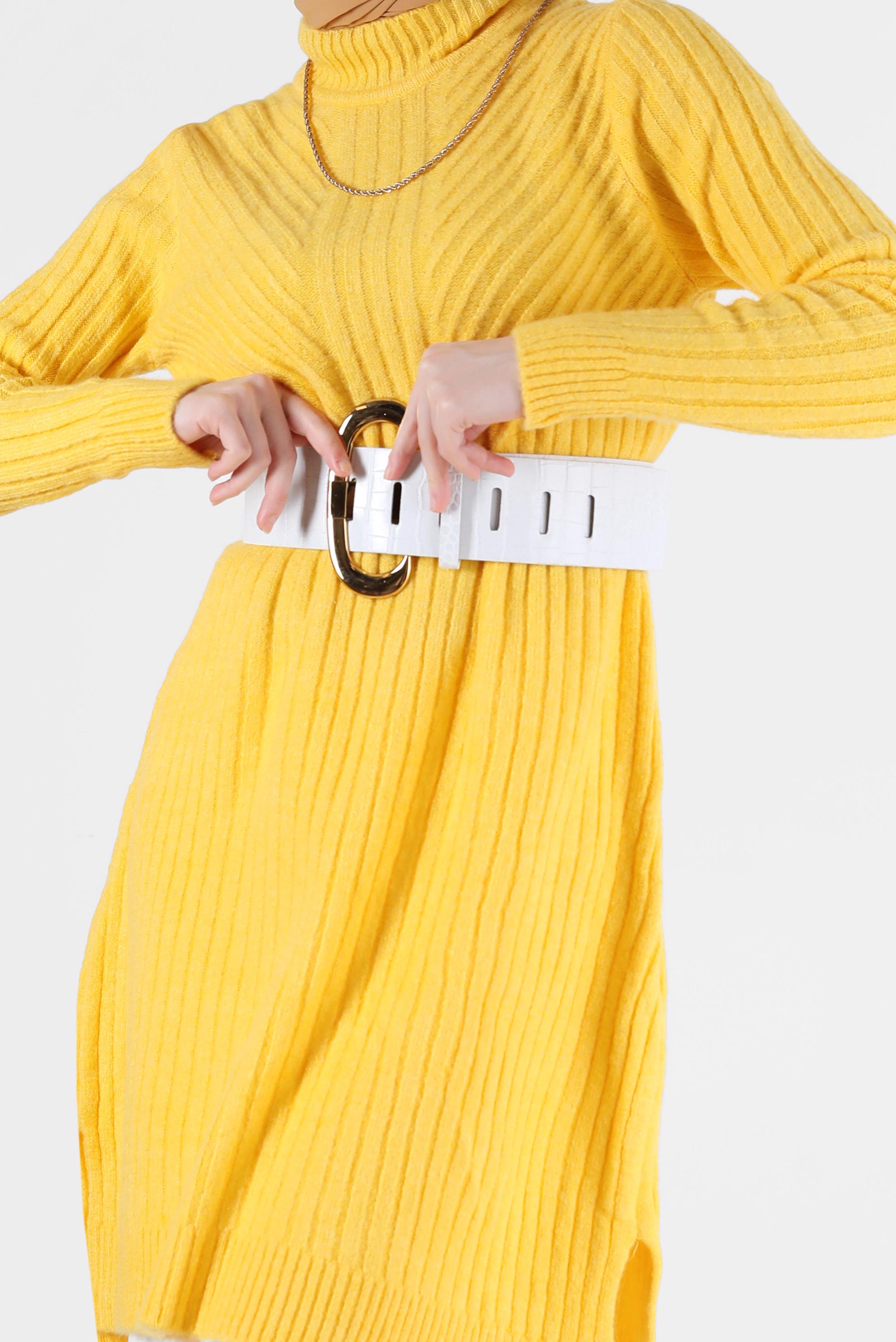 Tesettür giyim SARI BALIKÇI YAKA FİTİLLİ TRİKO TUNİK 42057 