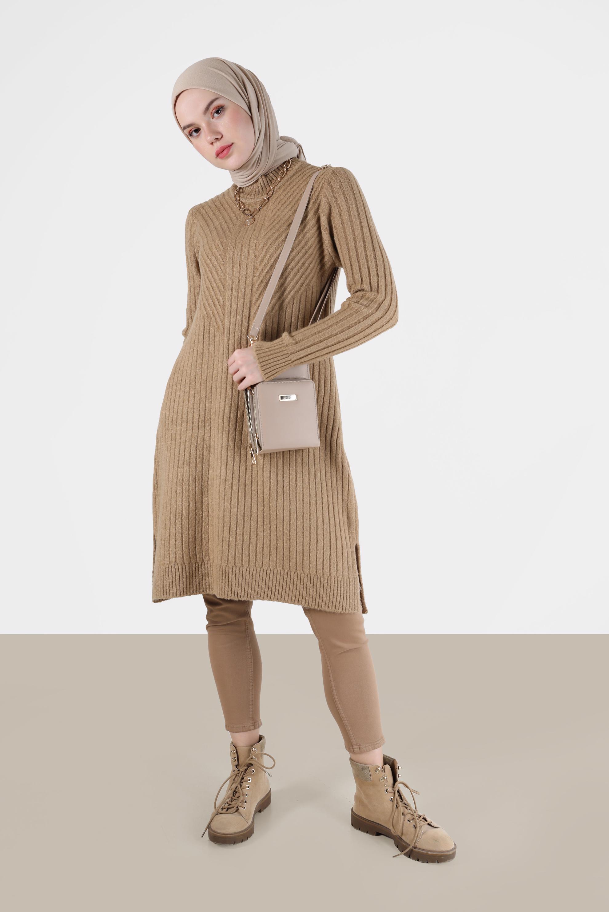 Tesettür giyim KAHVE BALIKÇI YAKA FİTİLLİ TRİKO TUNİK 42057 