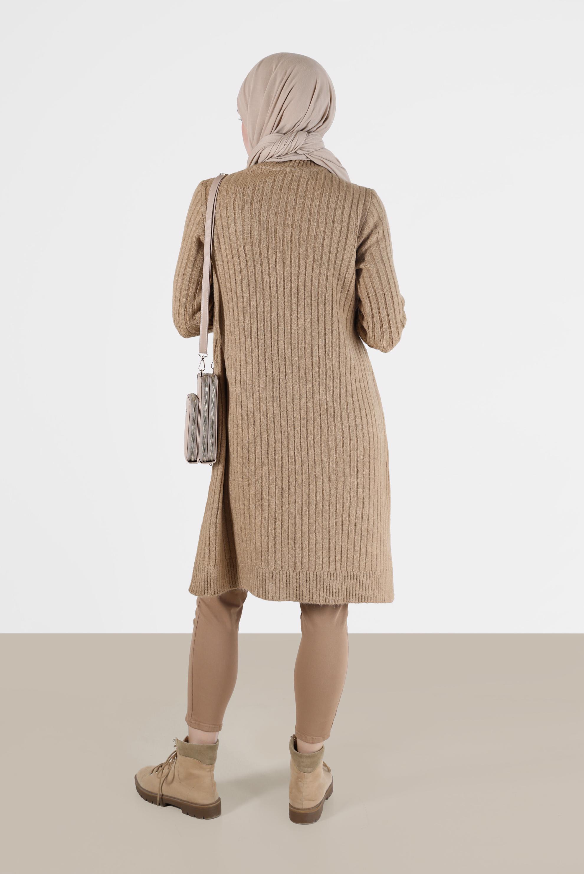 Tesettür giyim KAHVE BALIKÇI YAKA FİTİLLİ TRİKO TUNİK 42057 