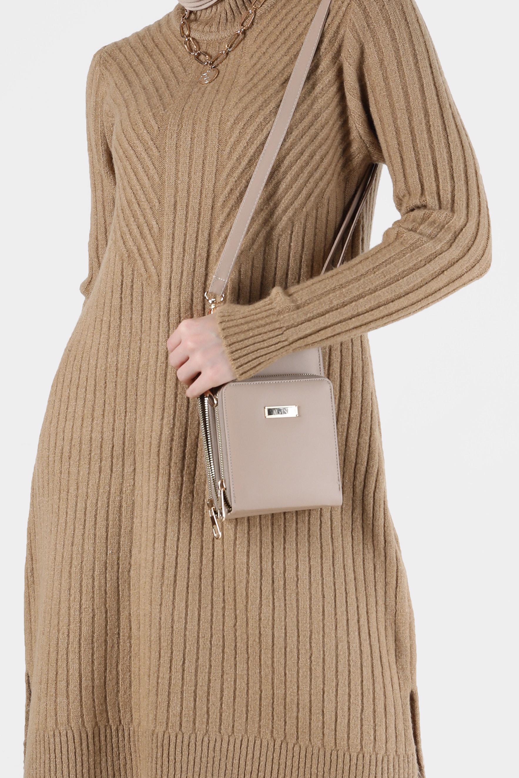 Tesettür giyim KAHVE BALIKÇI YAKA FİTİLLİ TRİKO TUNİK 42057 