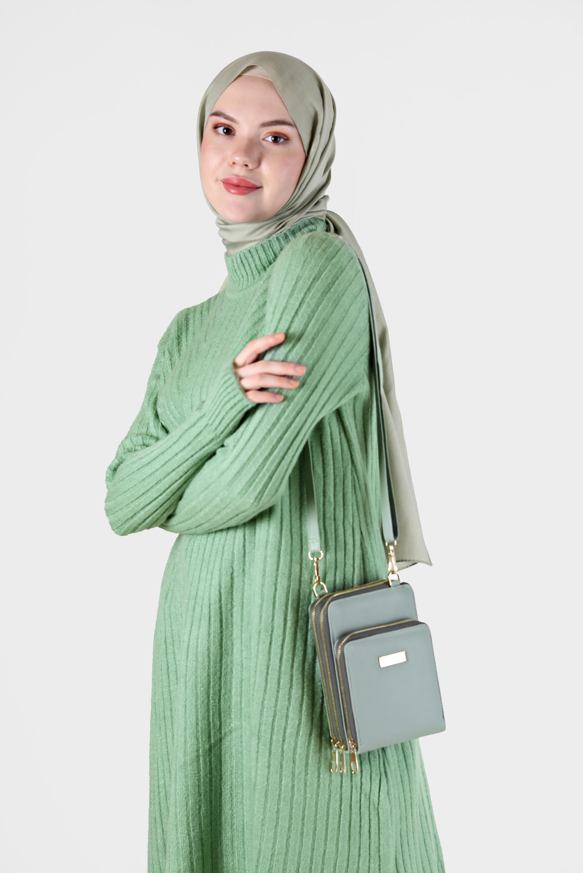 Tesettür giyim YEŞİL BALIKÇI YAKA FİTİLLİ TRİKO TUNİK 42057 