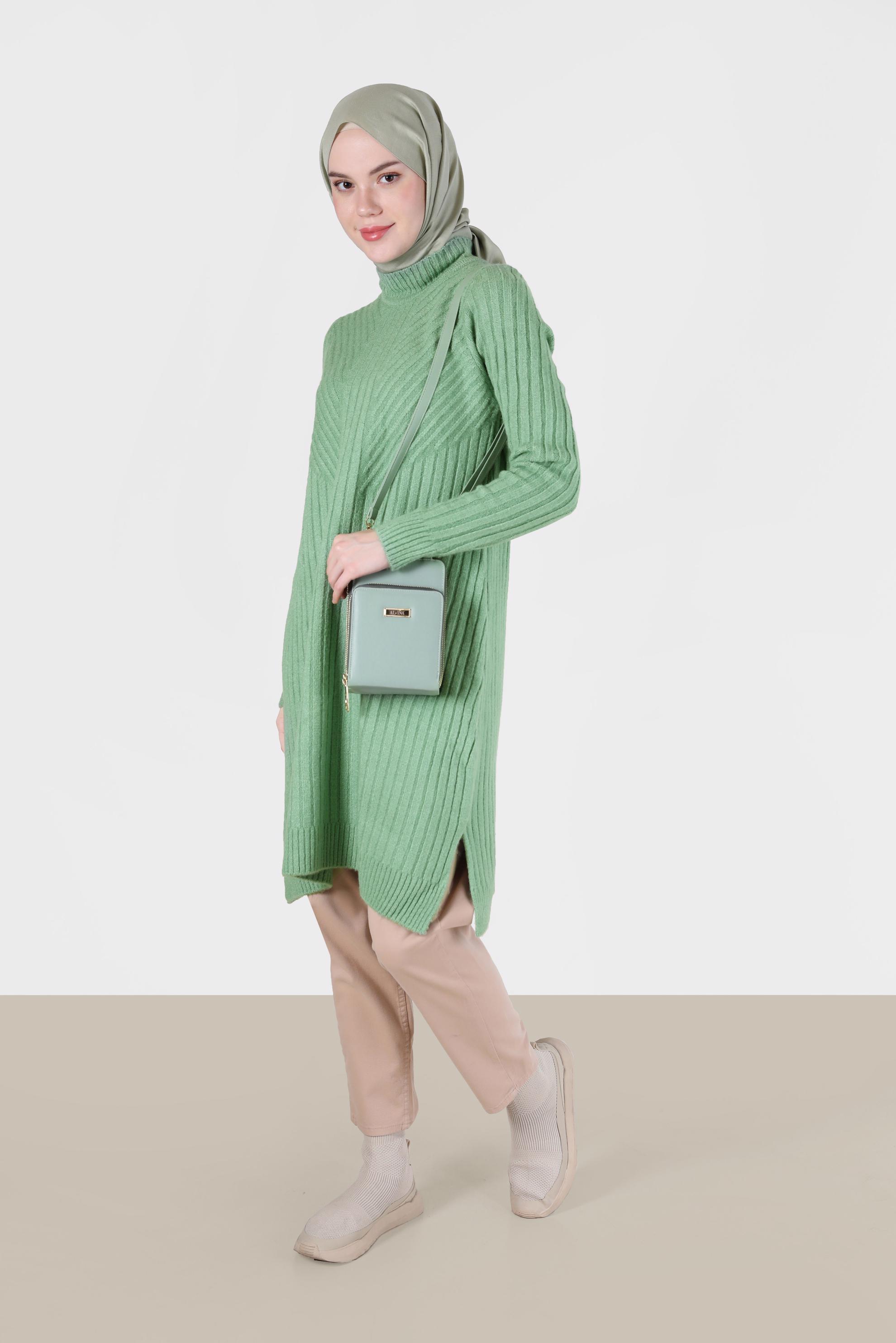 Tesettür giyim YEŞİL BALIKÇI YAKA FİTİLLİ TRİKO TUNİK 42057 
