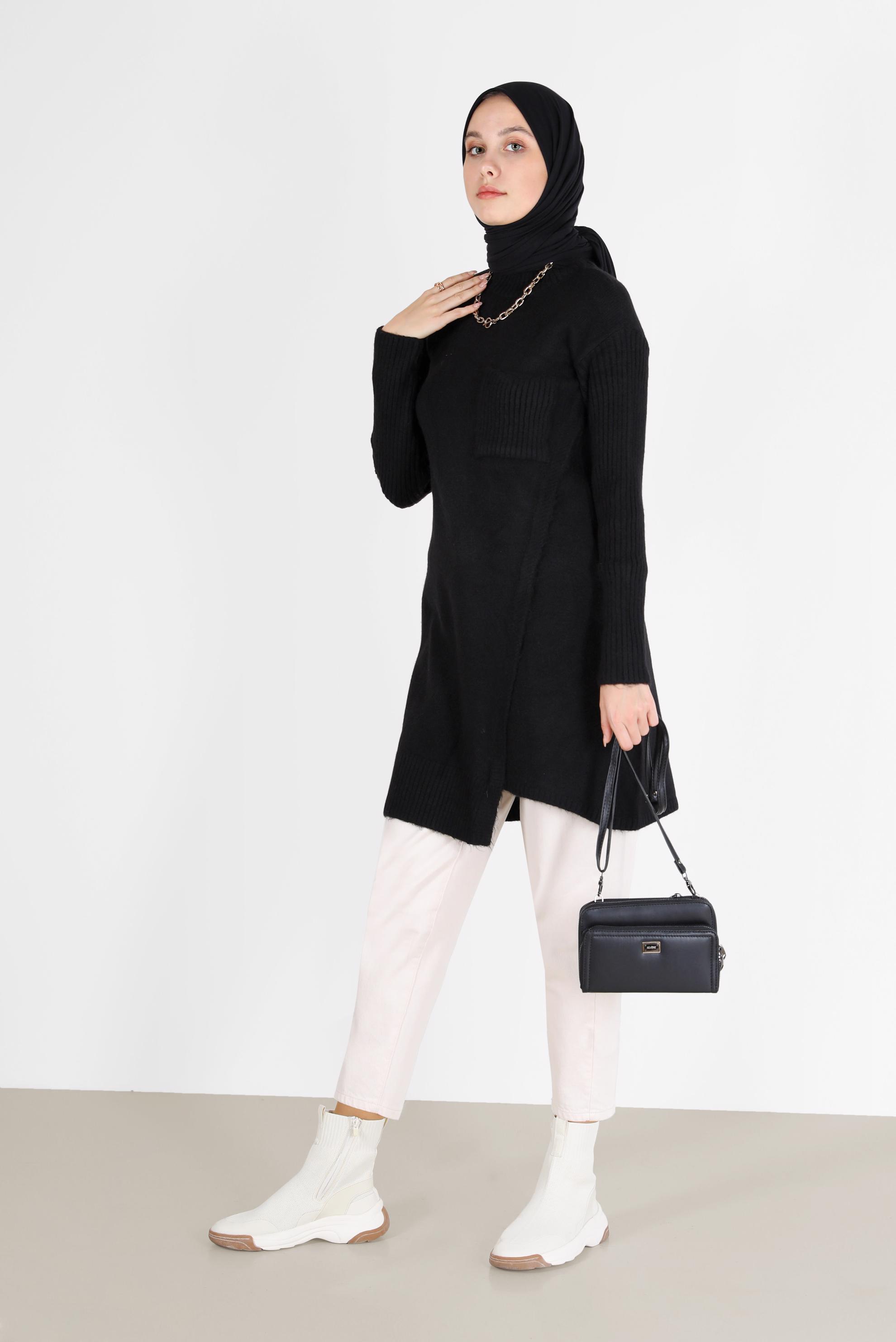 Tesettür giyim SİYAH CEP DETAYLI YIRTMAÇLI TRİKO TUNİK 42058 