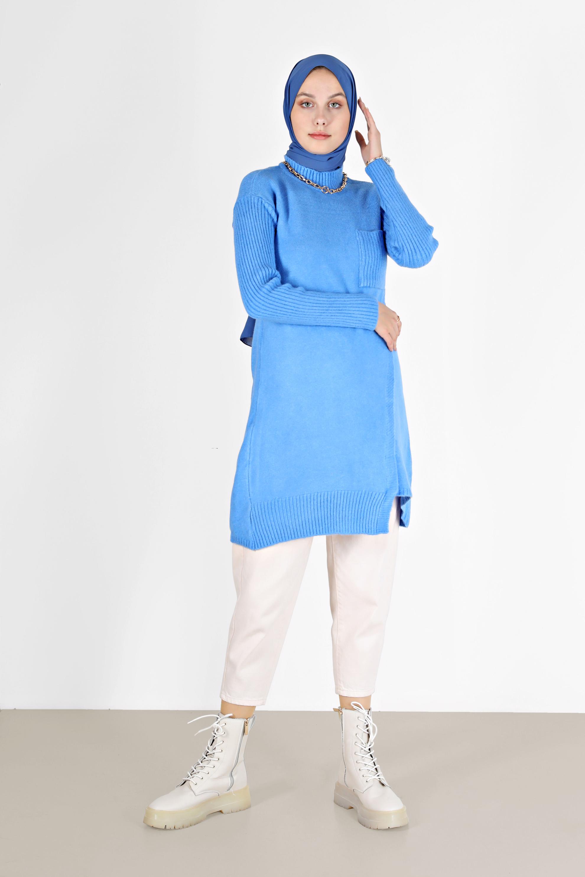 Tesettür giyim MAVİ CEP DETAYLI YIRTMAÇLI TRİKO TUNİK 42058 