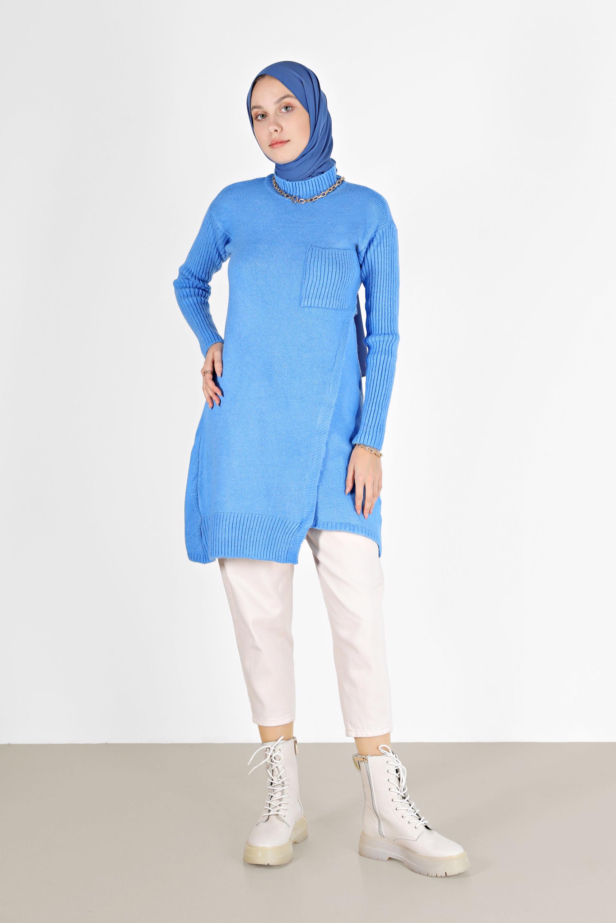 Tesettür giyim MAVİ CEP DETAYLI YIRTMAÇLI TRİKO TUNİK 42058 