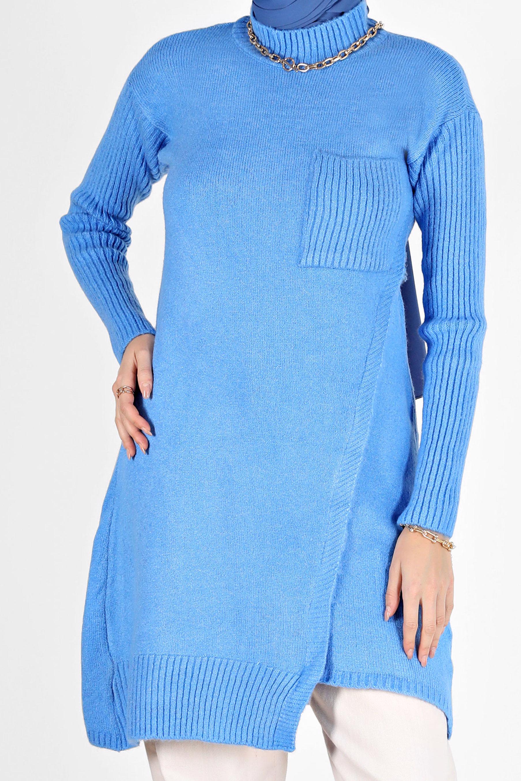 Tesettür giyim MAVİ CEP DETAYLI YIRTMAÇLI TRİKO TUNİK 42058 