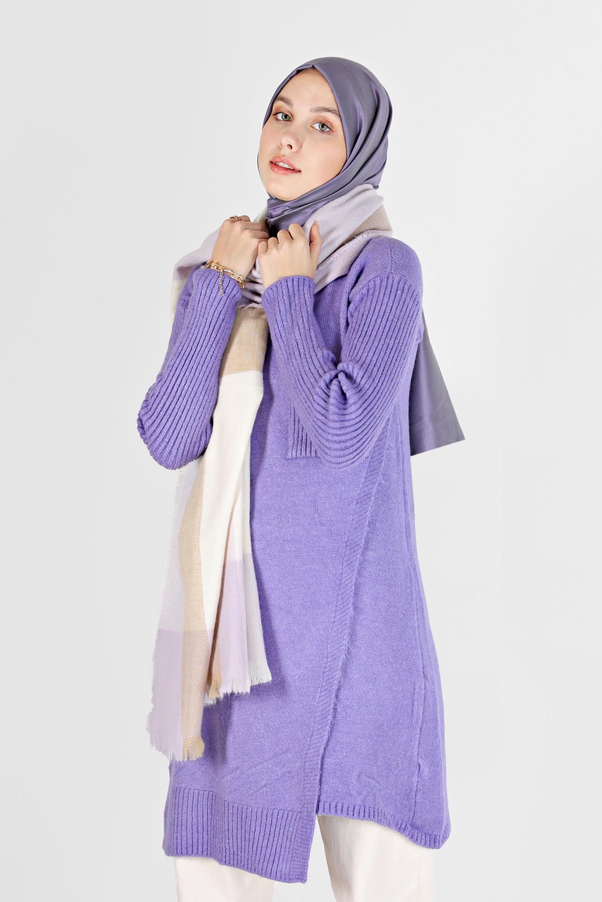 Tesettür giyim MOR CEP DETAYLI YIRTMAÇLI TRİKO TUNİK 42058 