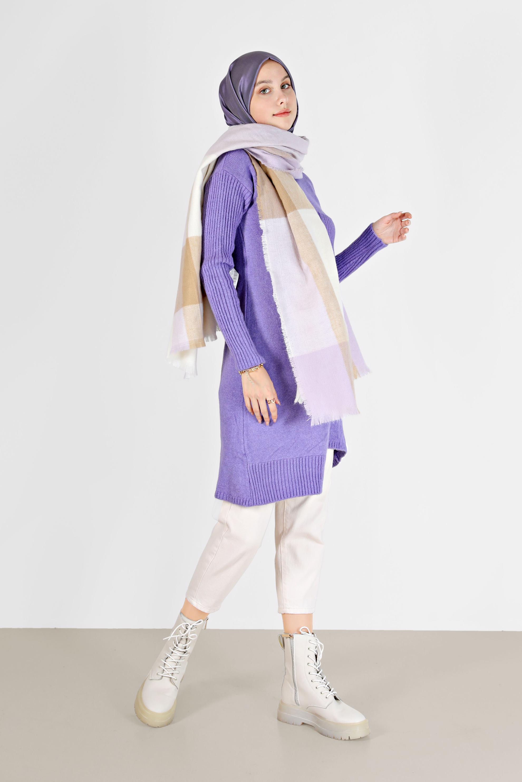 Tesettür giyim MOR CEP DETAYLI YIRTMAÇLI TRİKO TUNİK 42058 