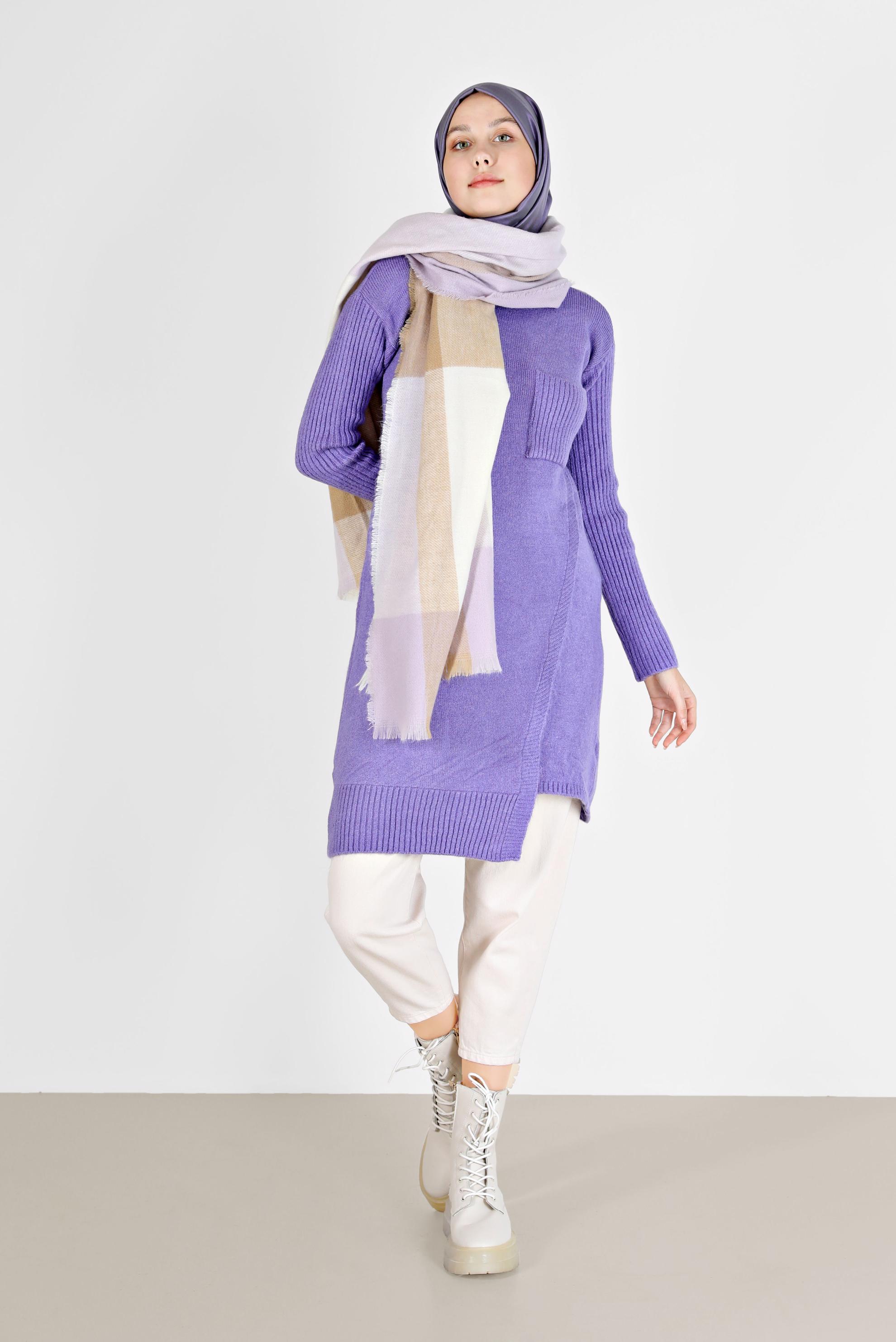 Tesettür giyim MOR CEP DETAYLI YIRTMAÇLI TRİKO TUNİK 42058 