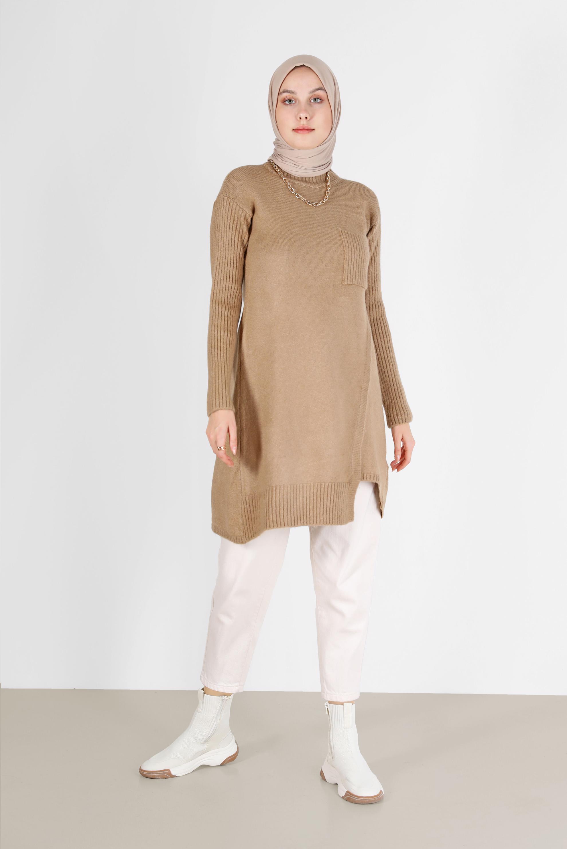 Tesettür giyim KAHVE CEP DETAYLI YIRTMAÇLI TRİKO TUNİK 42058 