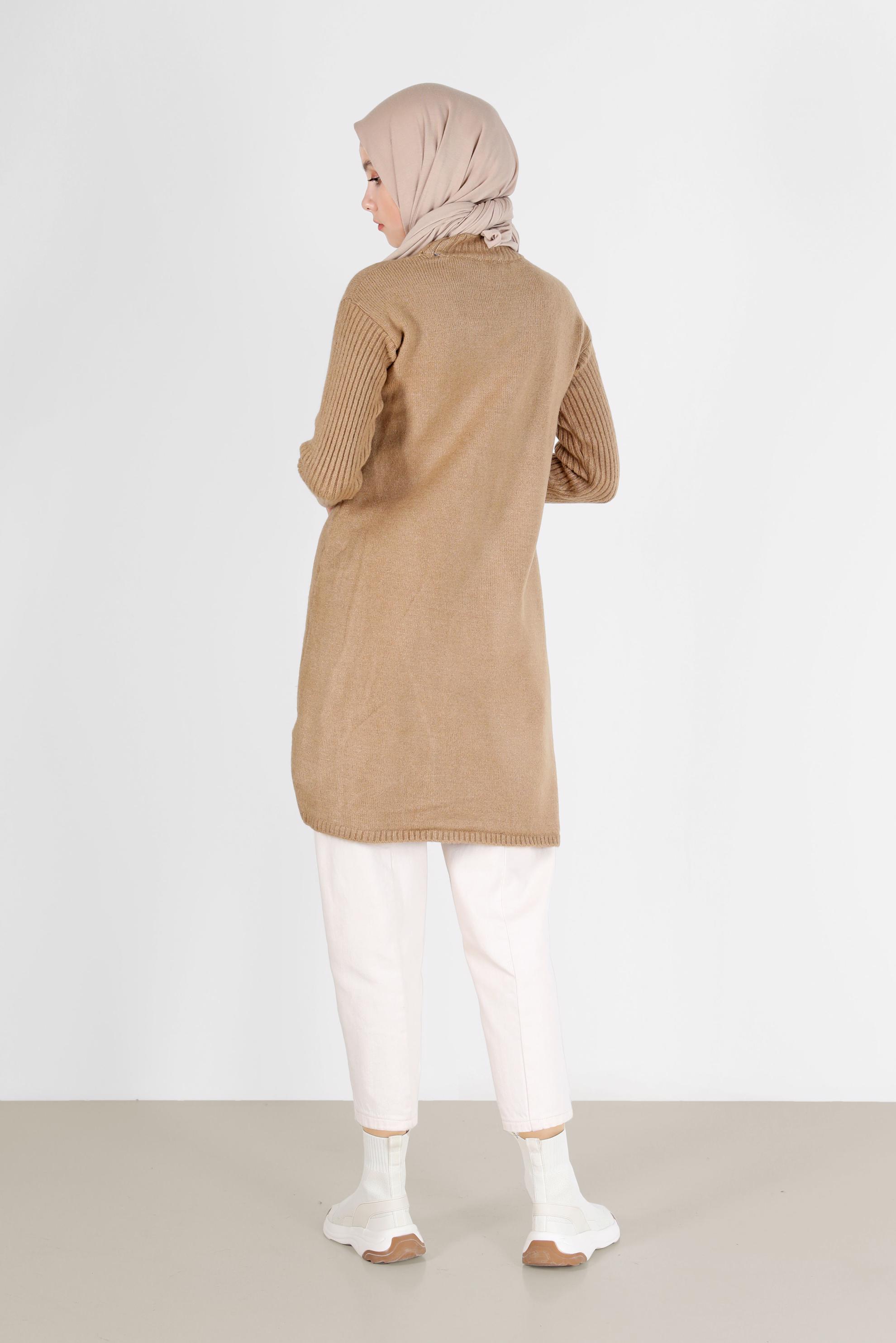 Tesettür giyim KAHVE CEP DETAYLI YIRTMAÇLI TRİKO TUNİK 42058 