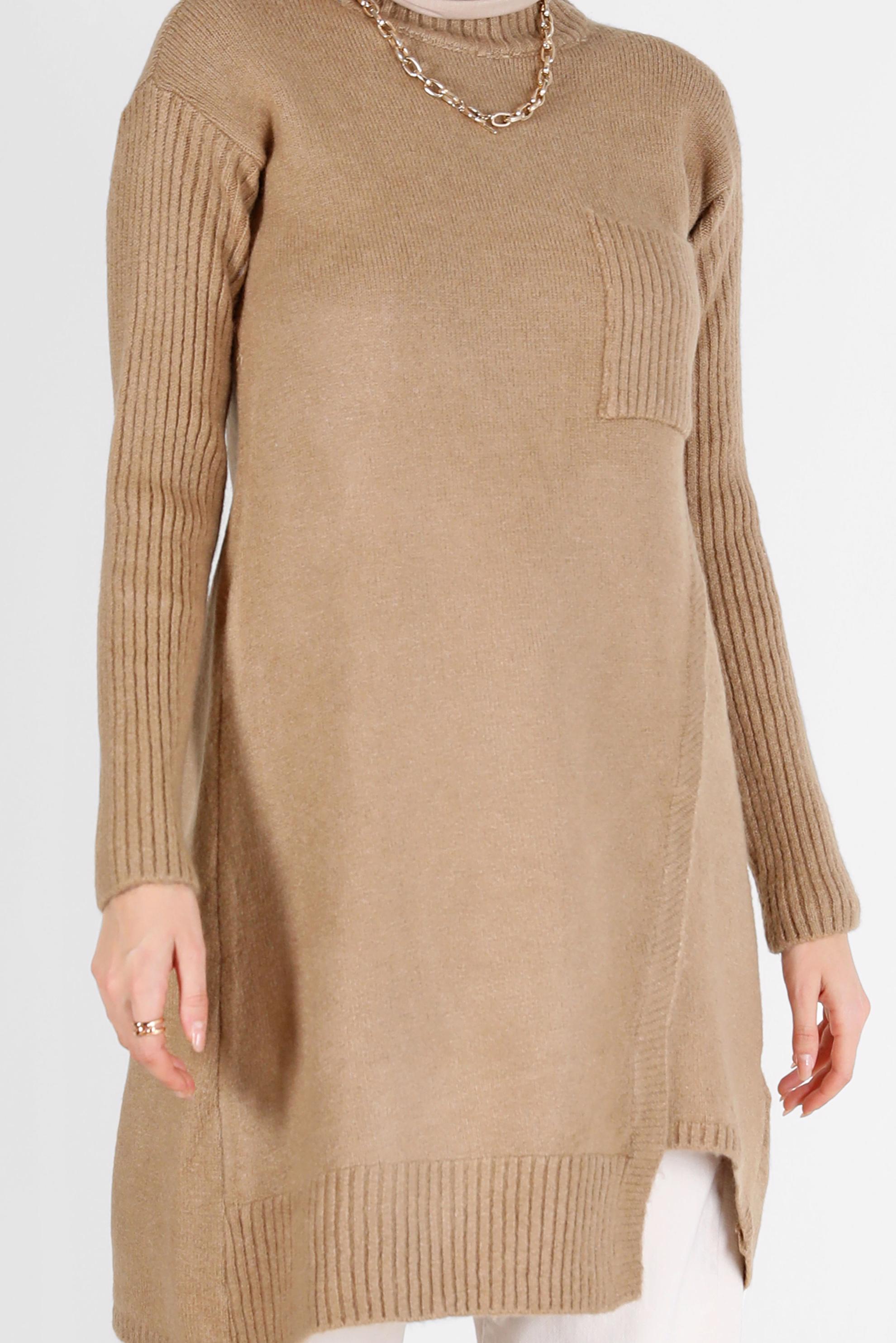 Tesettür giyim KAHVE CEP DETAYLI YIRTMAÇLI TRİKO TUNİK 42058 