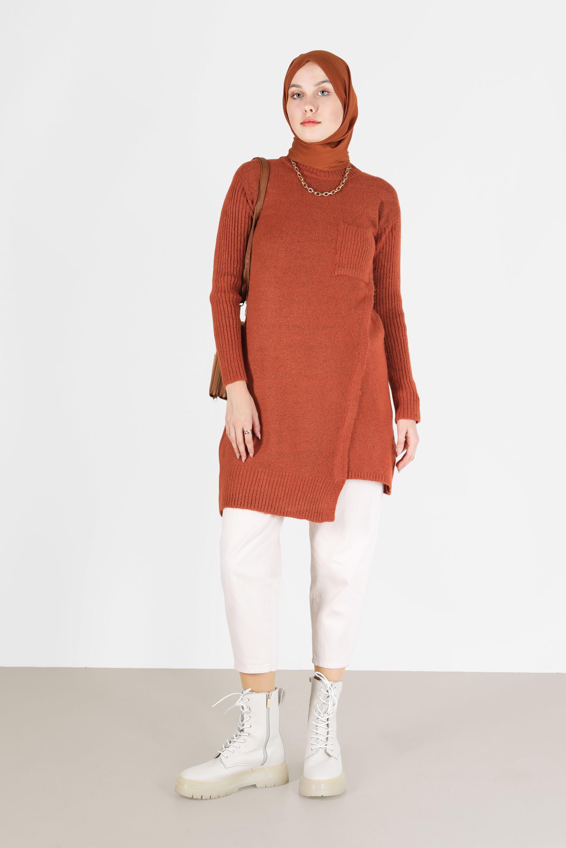 Tesettür giyim TURUNCU CEP DETAYLI YIRTMAÇLI TRİKO TUNİK 42058 