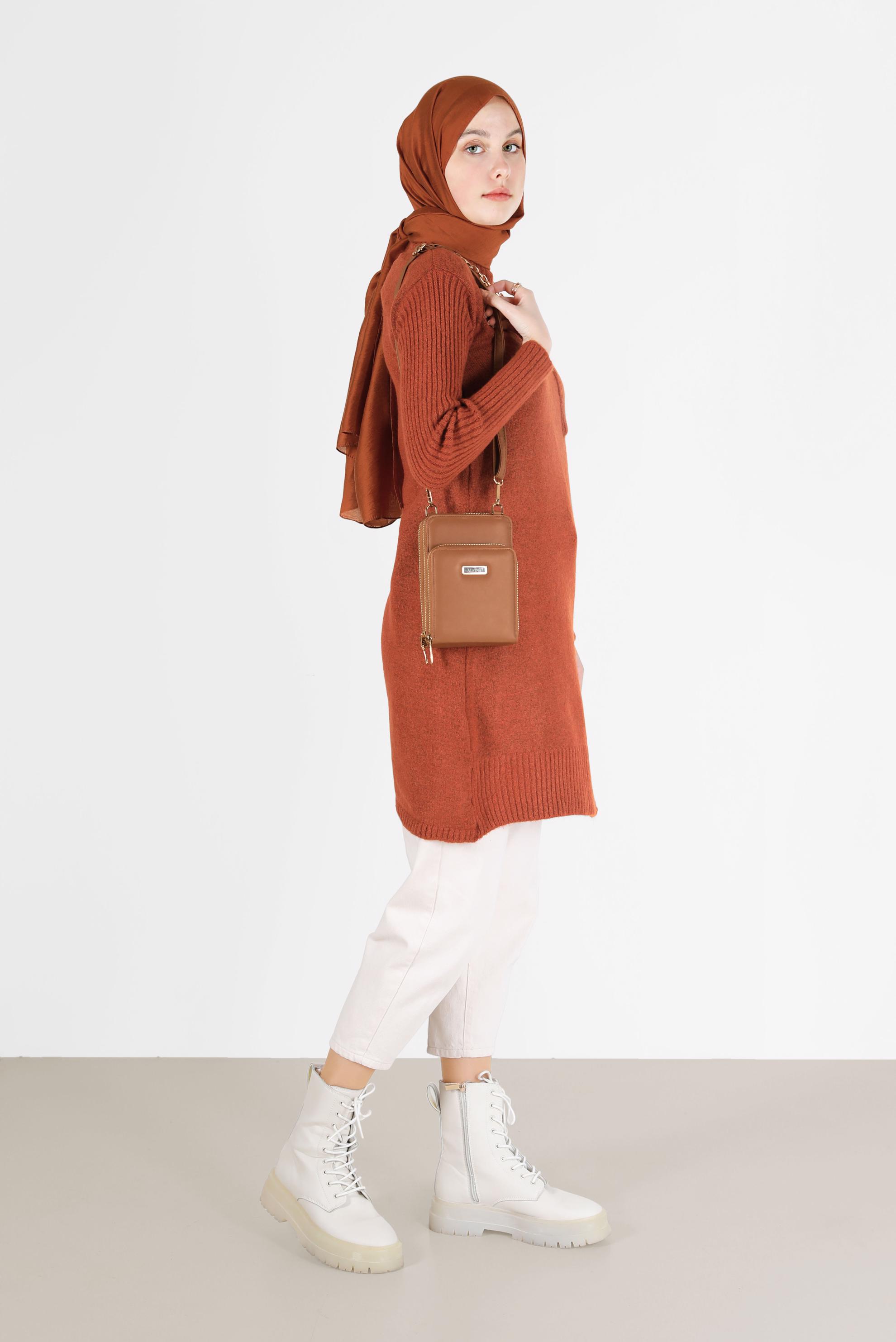 Tesettür giyim TURUNCU CEP DETAYLI YIRTMAÇLI TRİKO TUNİK 42058 