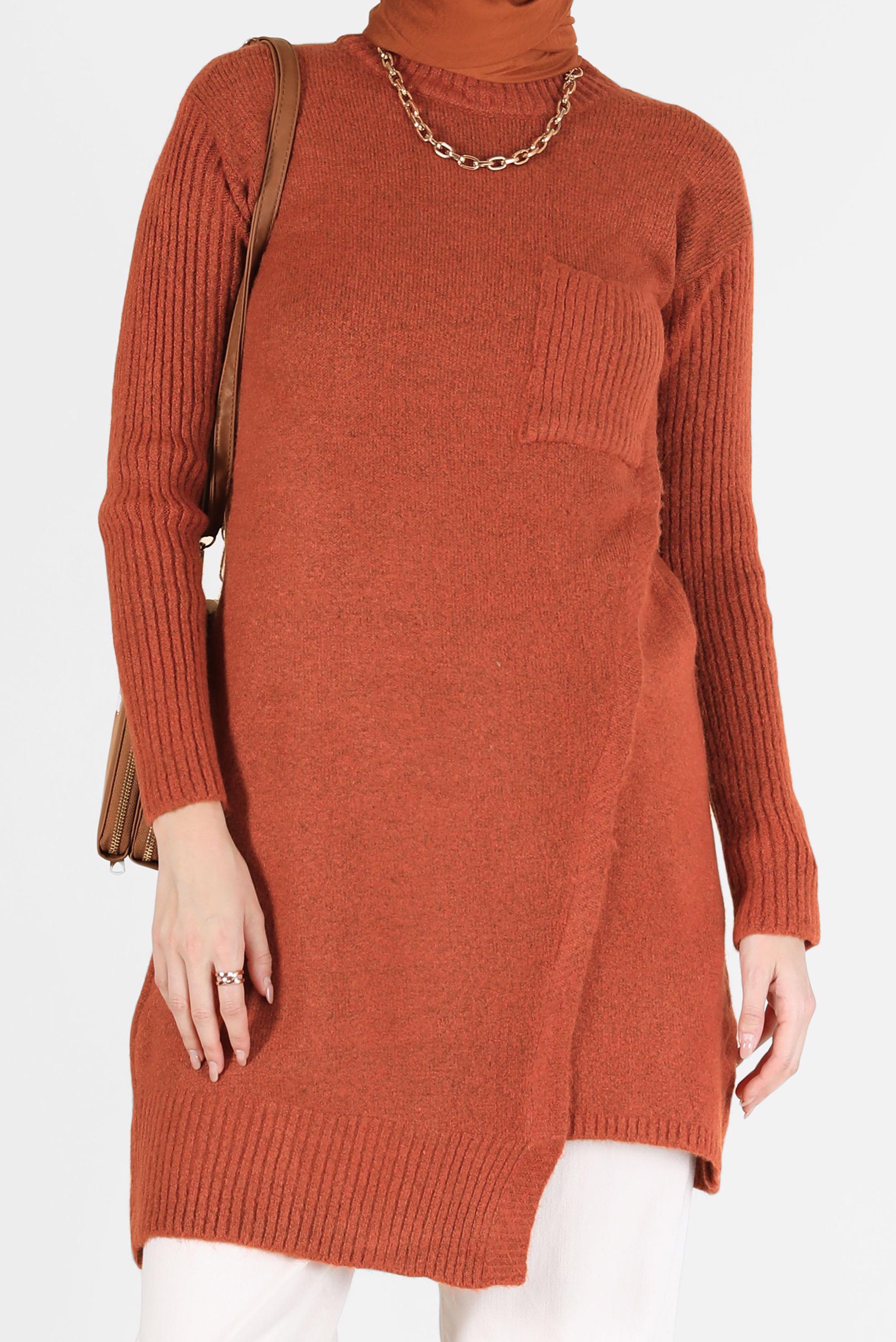 Tesettür giyim TURUNCU CEP DETAYLI YIRTMAÇLI TRİKO TUNİK 42058 