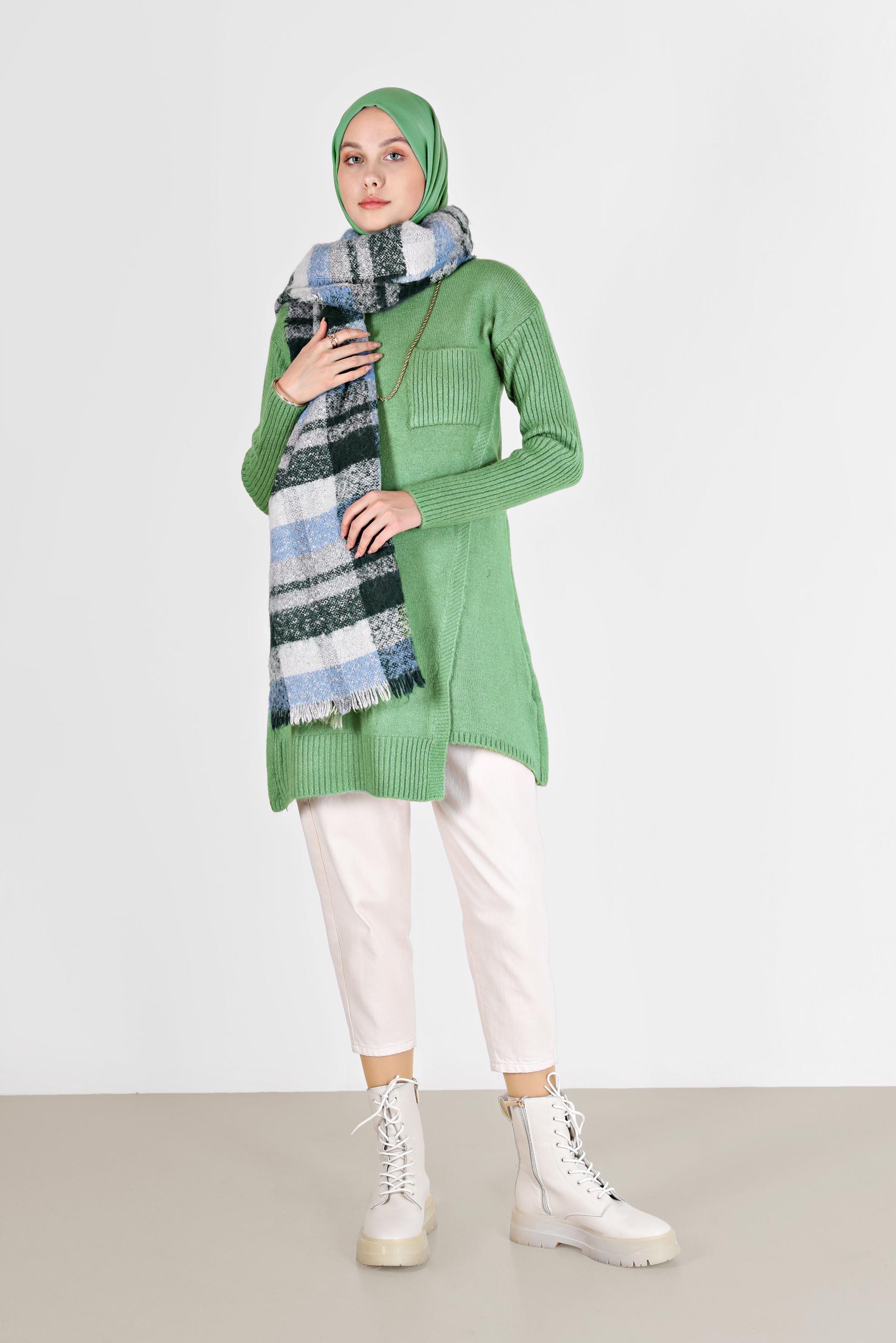 Tesettür giyim YEŞİL CEP DETAYLI YIRTMAÇLI TRİKO TUNİK 42058 