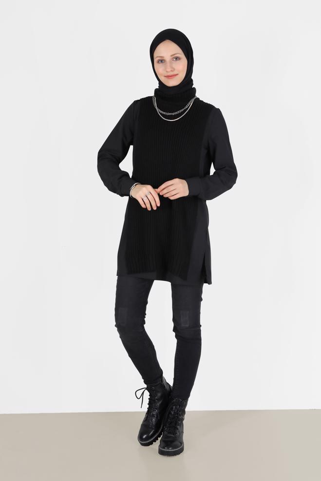 Tesettür giyim  BALIKÇI YAKA KENDİNDEN DESENLİ TRİKO TUNİK 42059  - ALVİNA