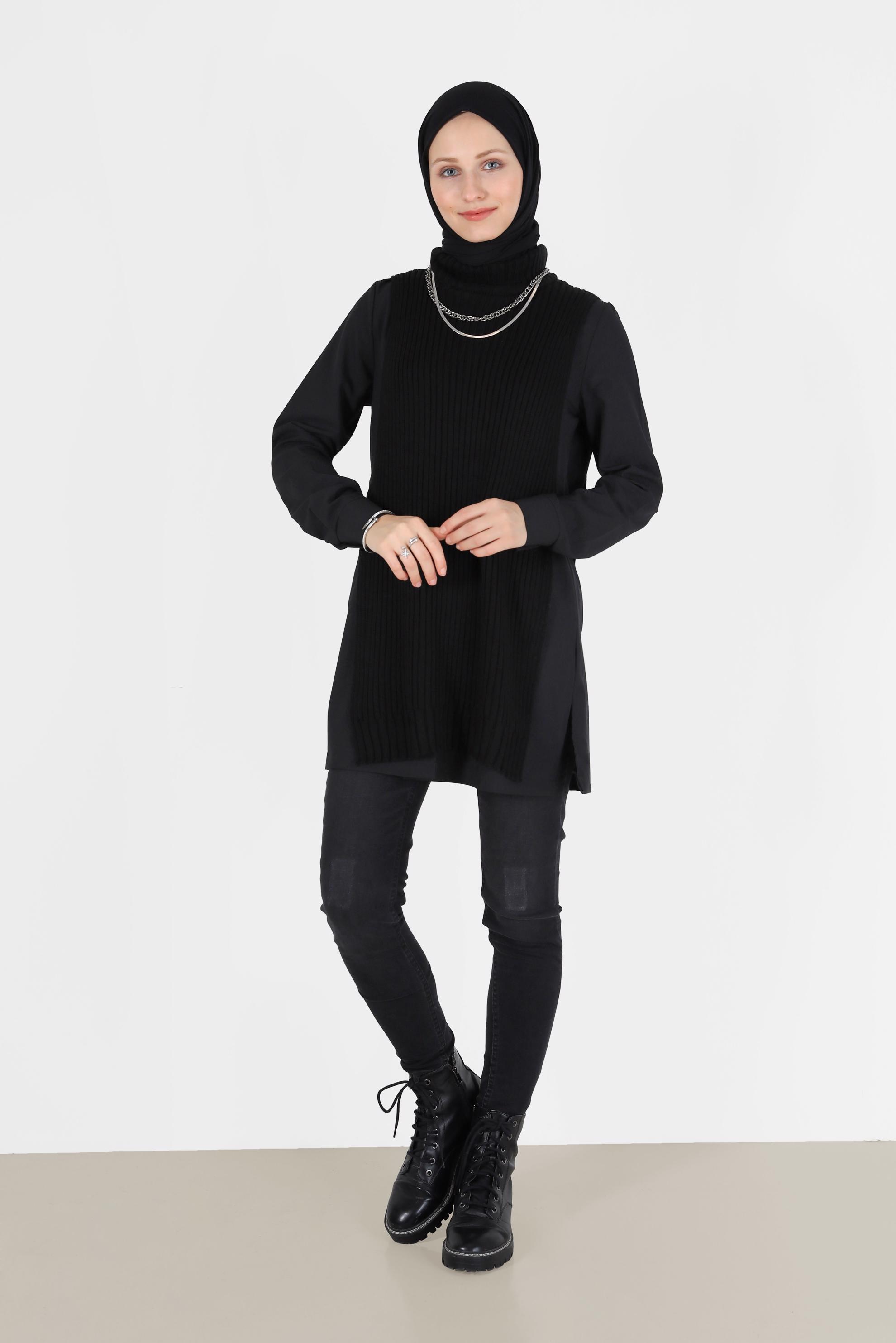 Tesettür giyim SİYAH BALIKÇI YAKA KENDİNDEN DESENLİ TRİKO TUNİK 42059 