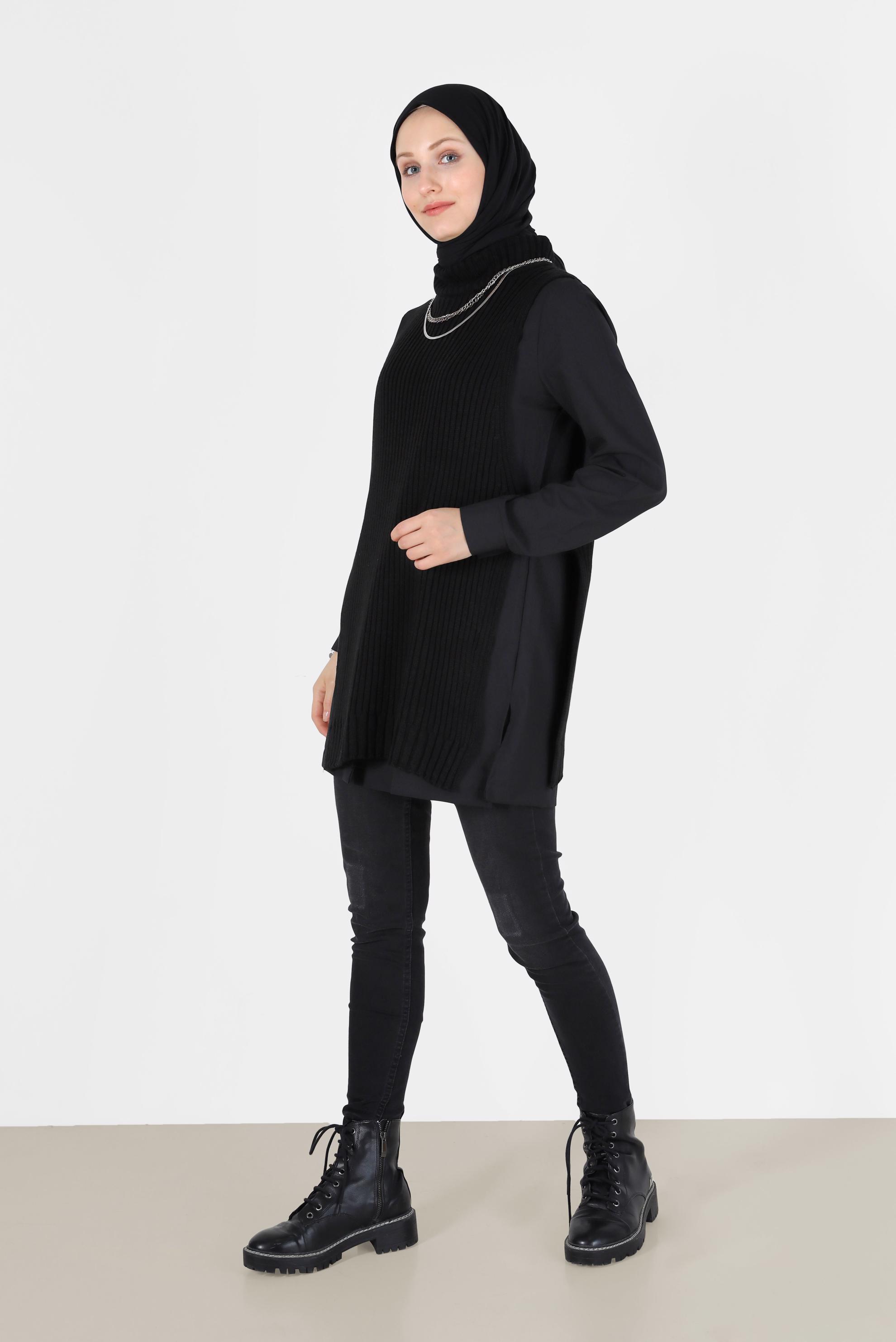 Tesettür giyim SİYAH BALIKÇI YAKA KENDİNDEN DESENLİ TRİKO TUNİK 42059 